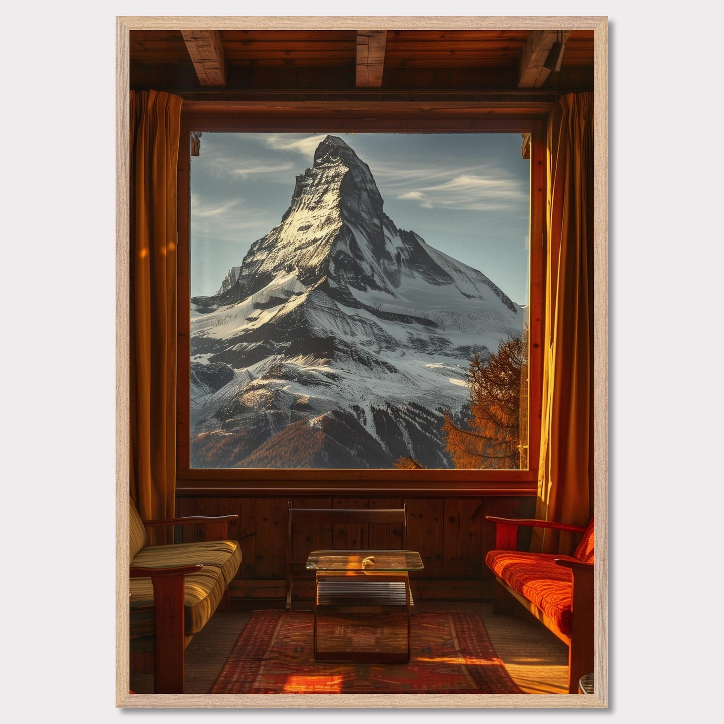 This stunning image captures a breathtaking view of a snow-capped mountain through a large window from a cozy wooden cabin. The warm interior contrasts beautifully with the majestic, cold mountain outside.