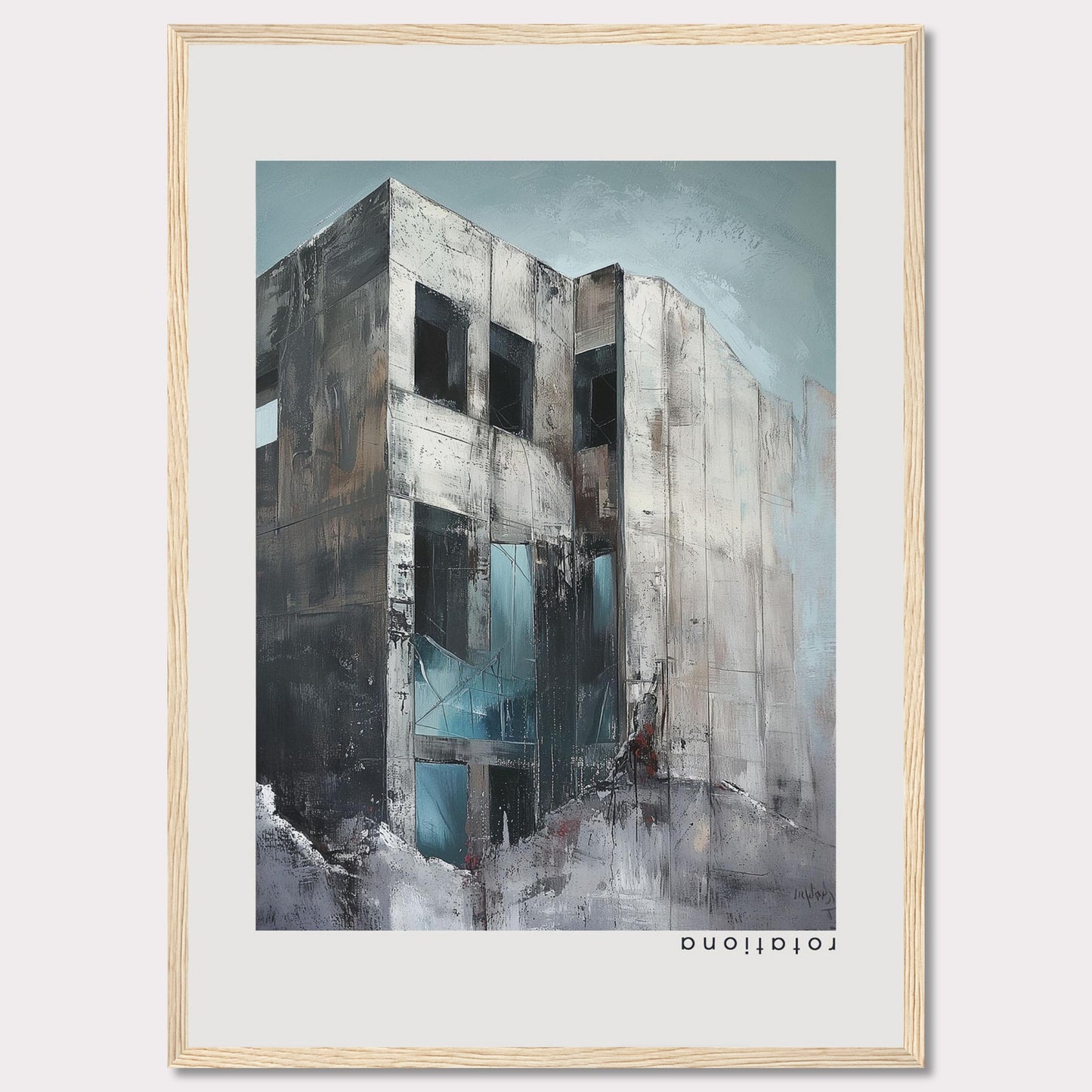 This striking artwork captures a modern, abstract building with a raw and industrial aesthetic. The painting features a weathered facade with large, dark windows, and a mix of cool and neutral tones that evoke a sense of mystery and intrigue.