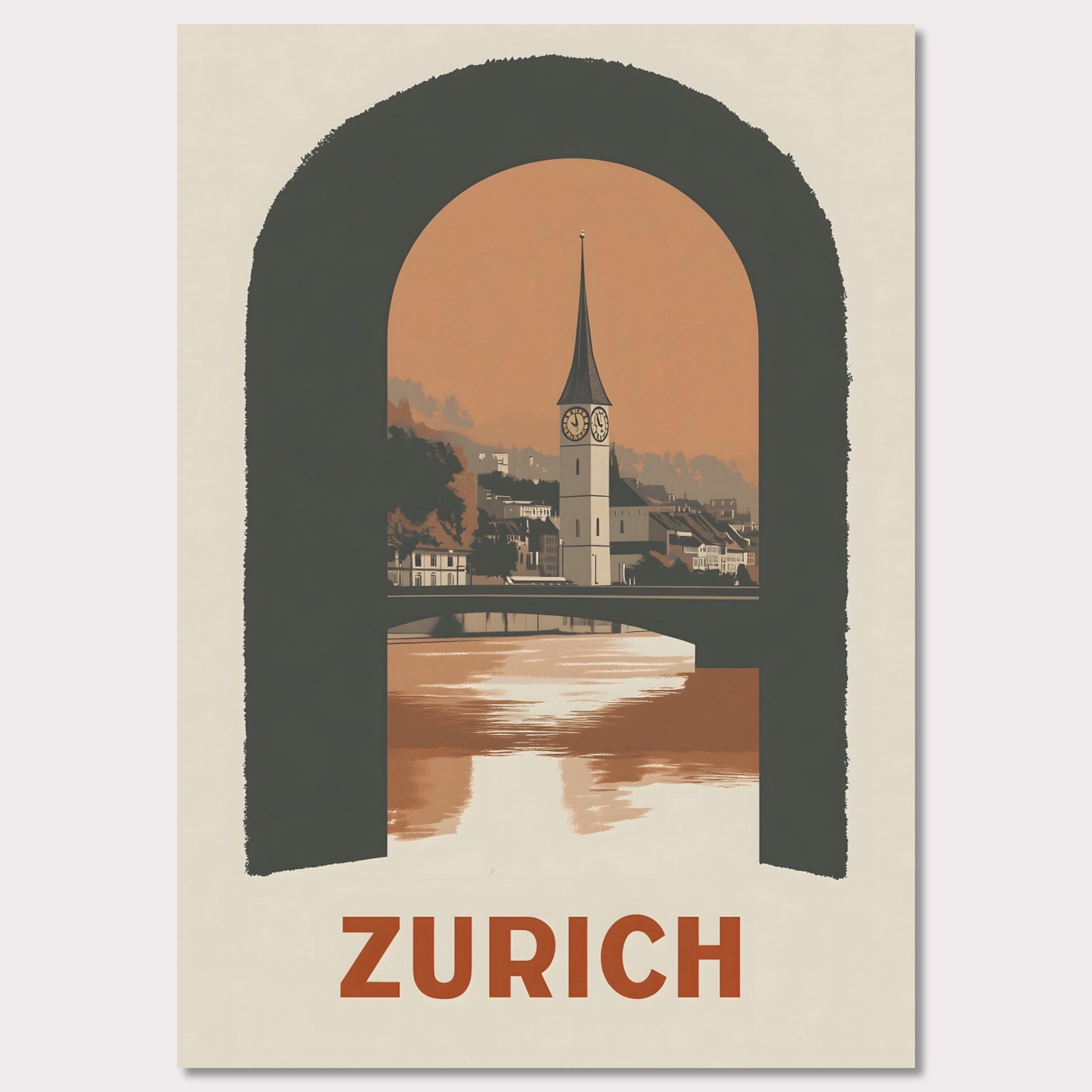 A sophisticated poster featuring Zurich’s historic clock tower, framed through an arched window. The blend of soft tones and bold composition creates a striking visual balance.