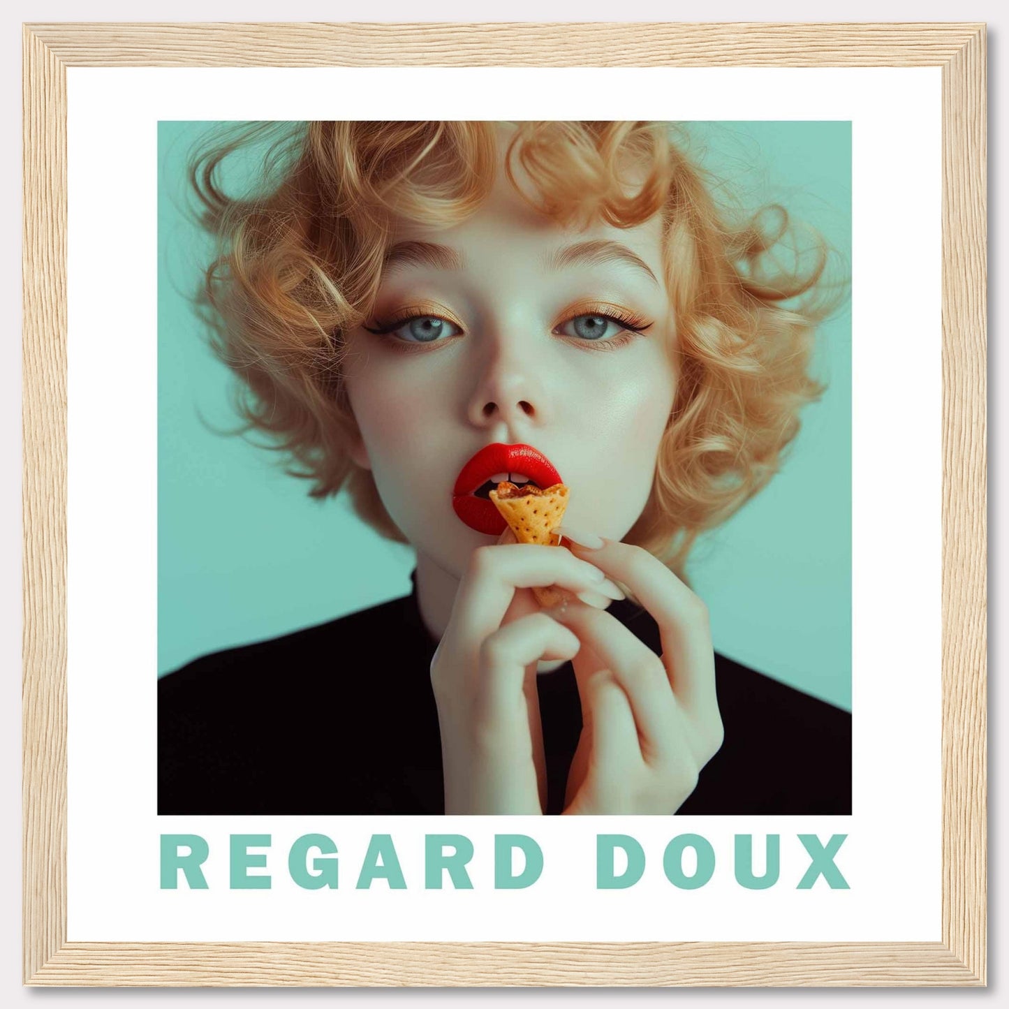 This captivating image showcases a young woman with striking red lips, holding a small cone-shaped snack close to her mouth. Her curly blonde hair frames her face beautifully, and her eyes exude a gentle, dreamy expression. The background is a soft teal color, adding to the overall serene and enchanting atmosphere. The text "REGARD DOUX" at the bottom translates to "Soft Gaze," perfectly capturing the essence of the image.