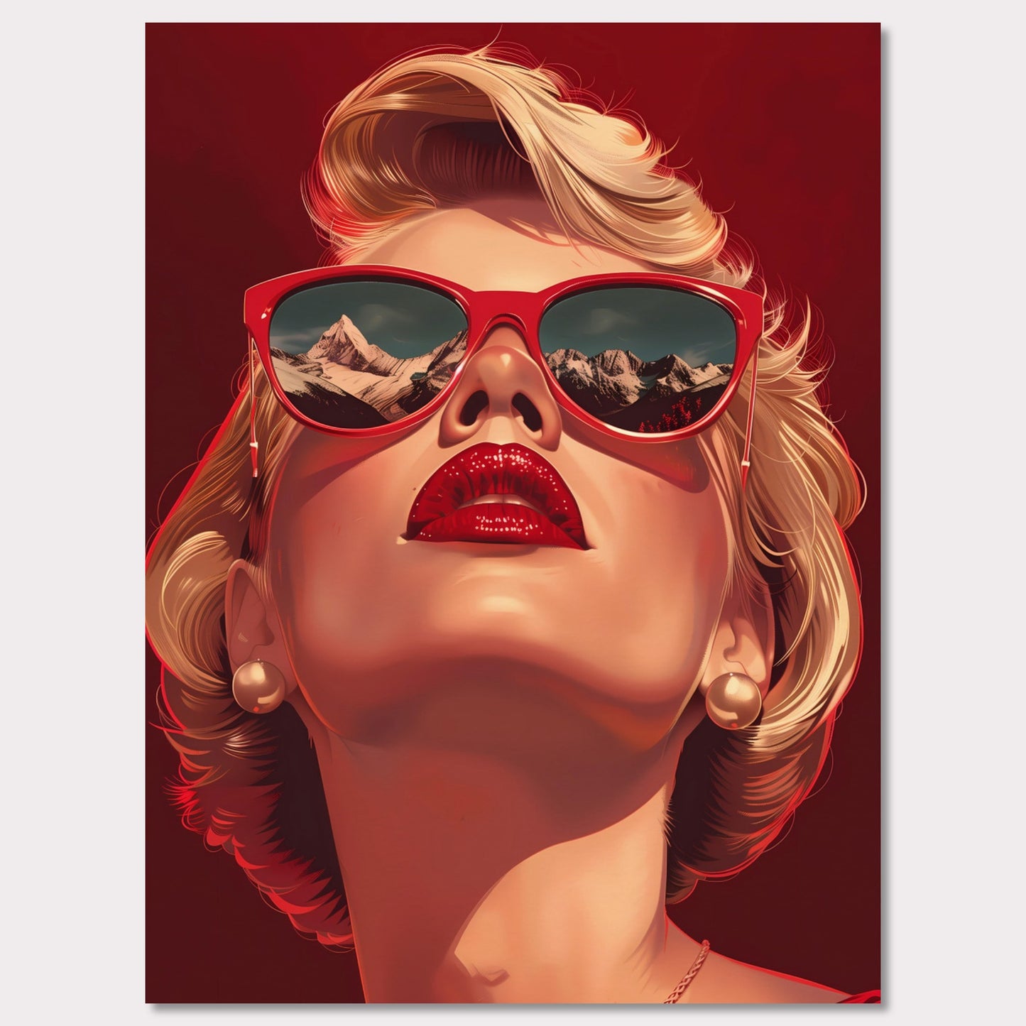 This striking artwork features a glamorous woman with blonde hair, wearing bold red sunglasses that reflect a stunning mountain landscape. Her vibrant red lips and pearl earrings add to the sophisticated and stylish aura of the piece.