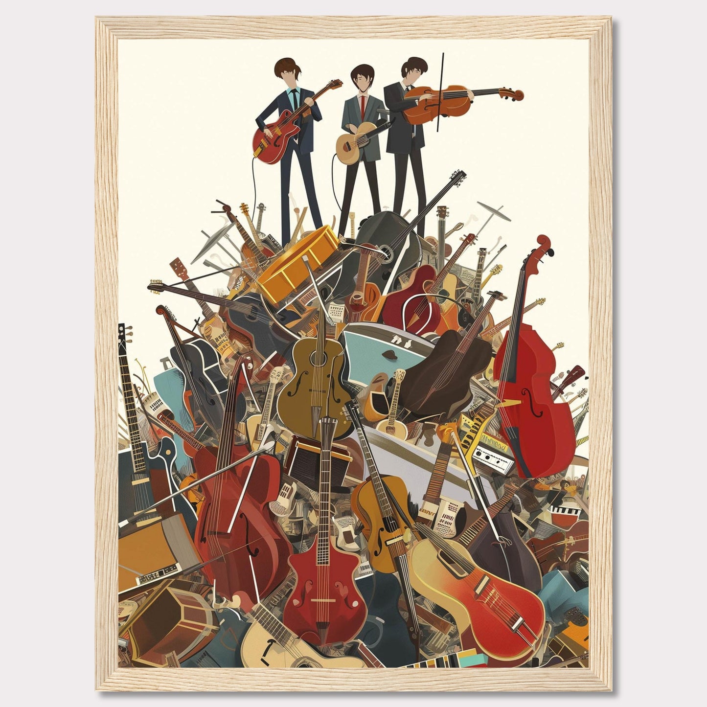 This vibrant illustration captures three musicians standing atop a towering pile of various musical instruments. The scene is filled with guitars, violins, cellos, drums, and more, creating a lively and energetic atmosphere.