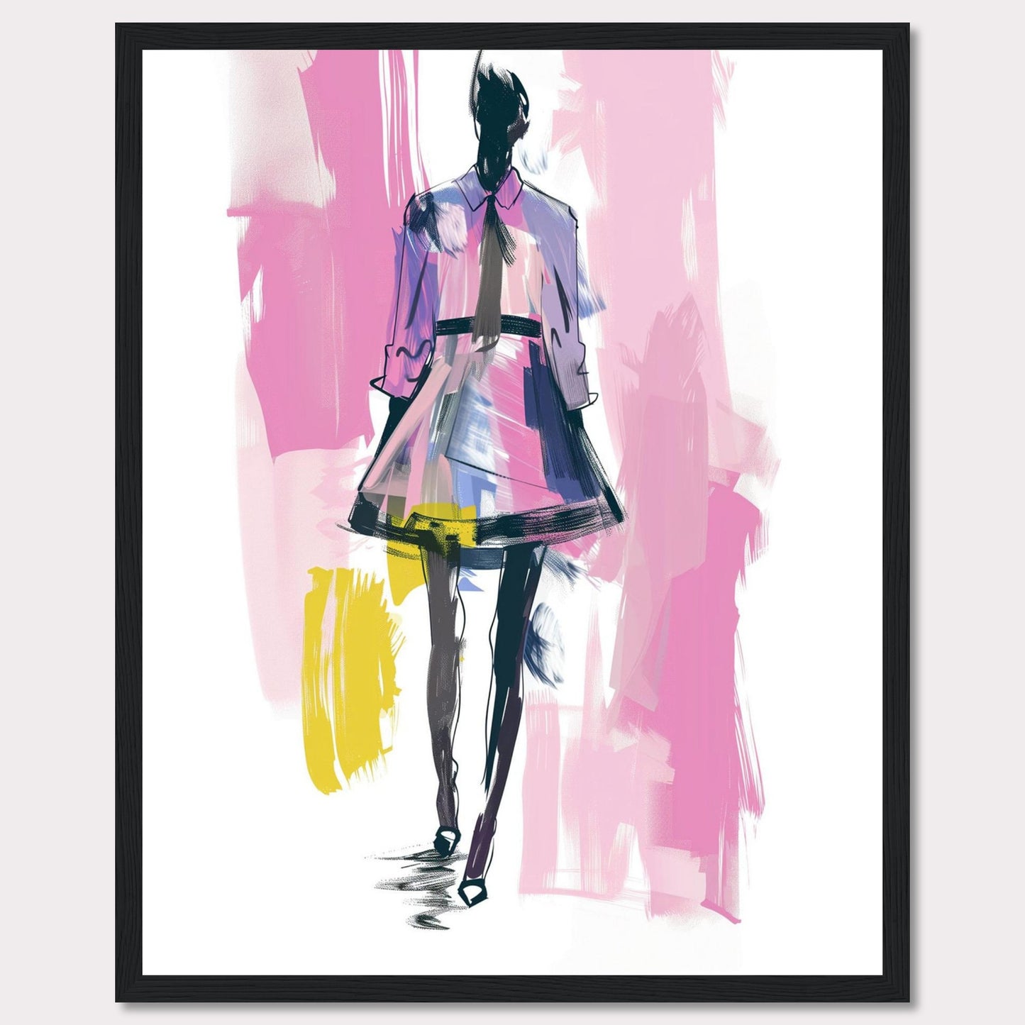 This image showcases a fashion illustration featuring a stylish figure in a vibrant dress. The artwork is characterized by bold brush strokes and a mix of colors, including pink, purple, yellow, and black. The figure exudes confidence, walking forward with purpose.