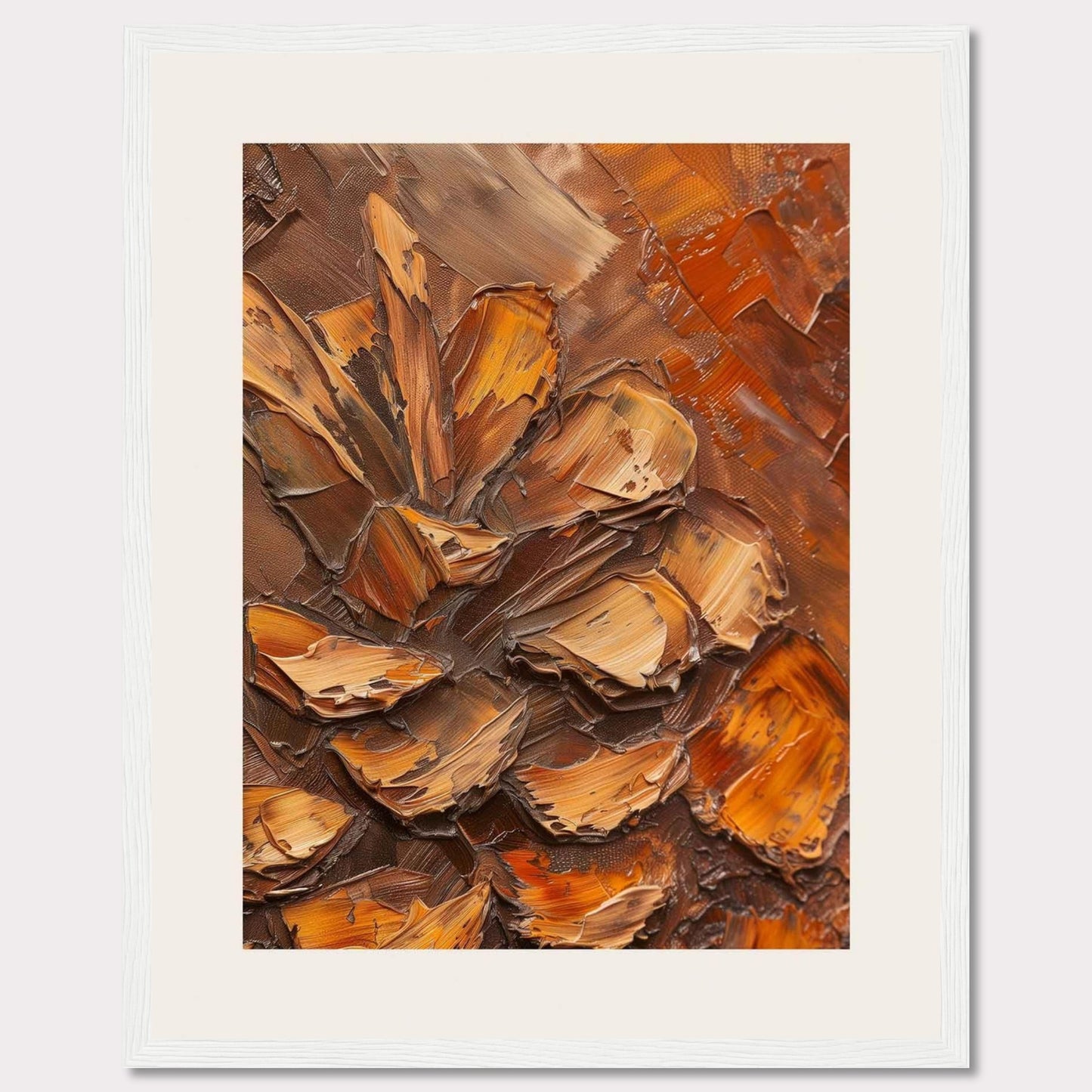 This image showcases a textured painting of a pine cone, rendered in rich, earthy tones. The thick, impasto technique gives the artwork a three-dimensional feel, making the pine cone appear almost lifelike. The painting is framed in a sleek black frame with a white matting that enhances its visual appeal.