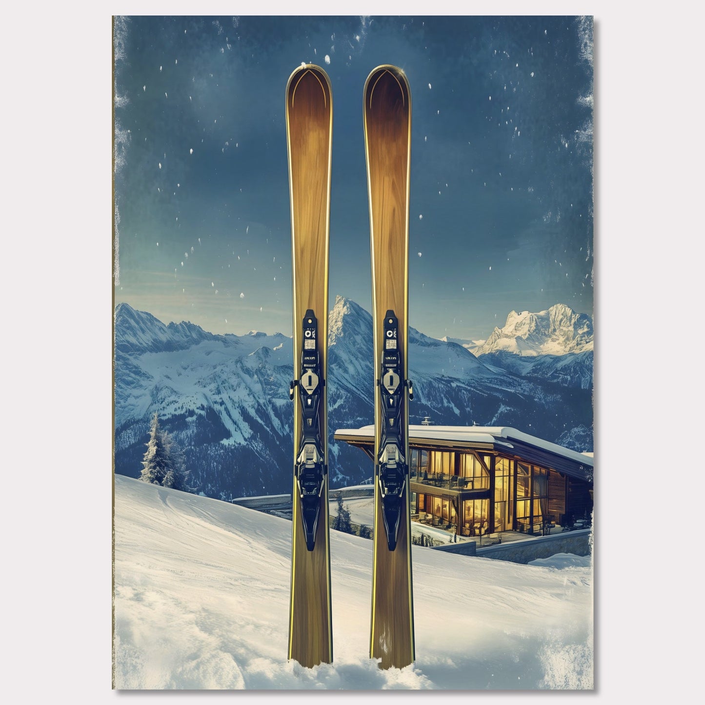 This elegant poster showcases the perfect blend of tradition and modernity in a snowy alpine escape. Two sleek skis stand proudly in the foreground, while a contemporary, glowing chalet nestled in the mountains provides a warm contrast to the frosty winter scene.