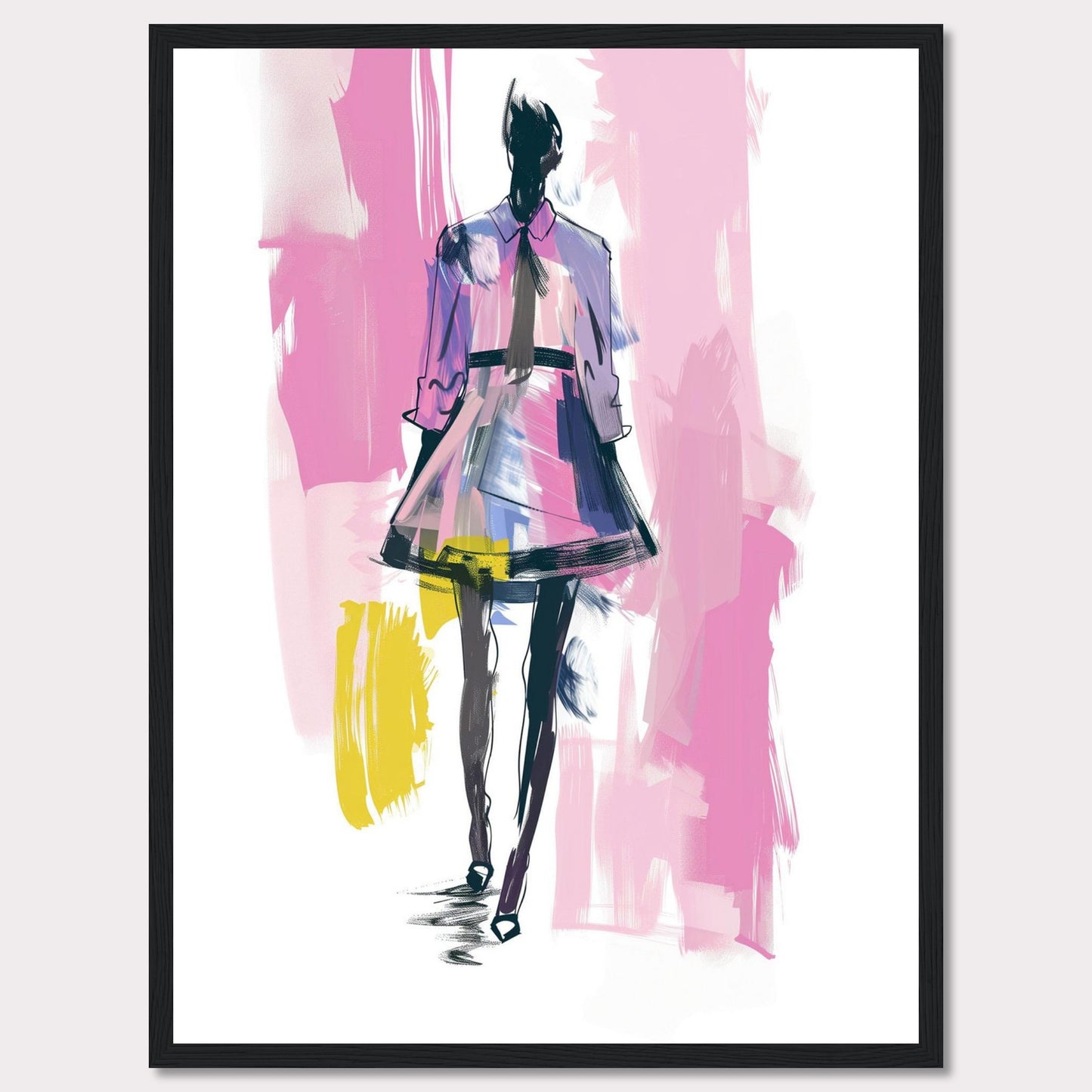 This image showcases a fashion illustration featuring a stylish figure in a vibrant dress. The artwork is characterized by bold brush strokes and a mix of colors, including pink, purple, yellow, and black. The figure exudes confidence, walking forward with purpose.