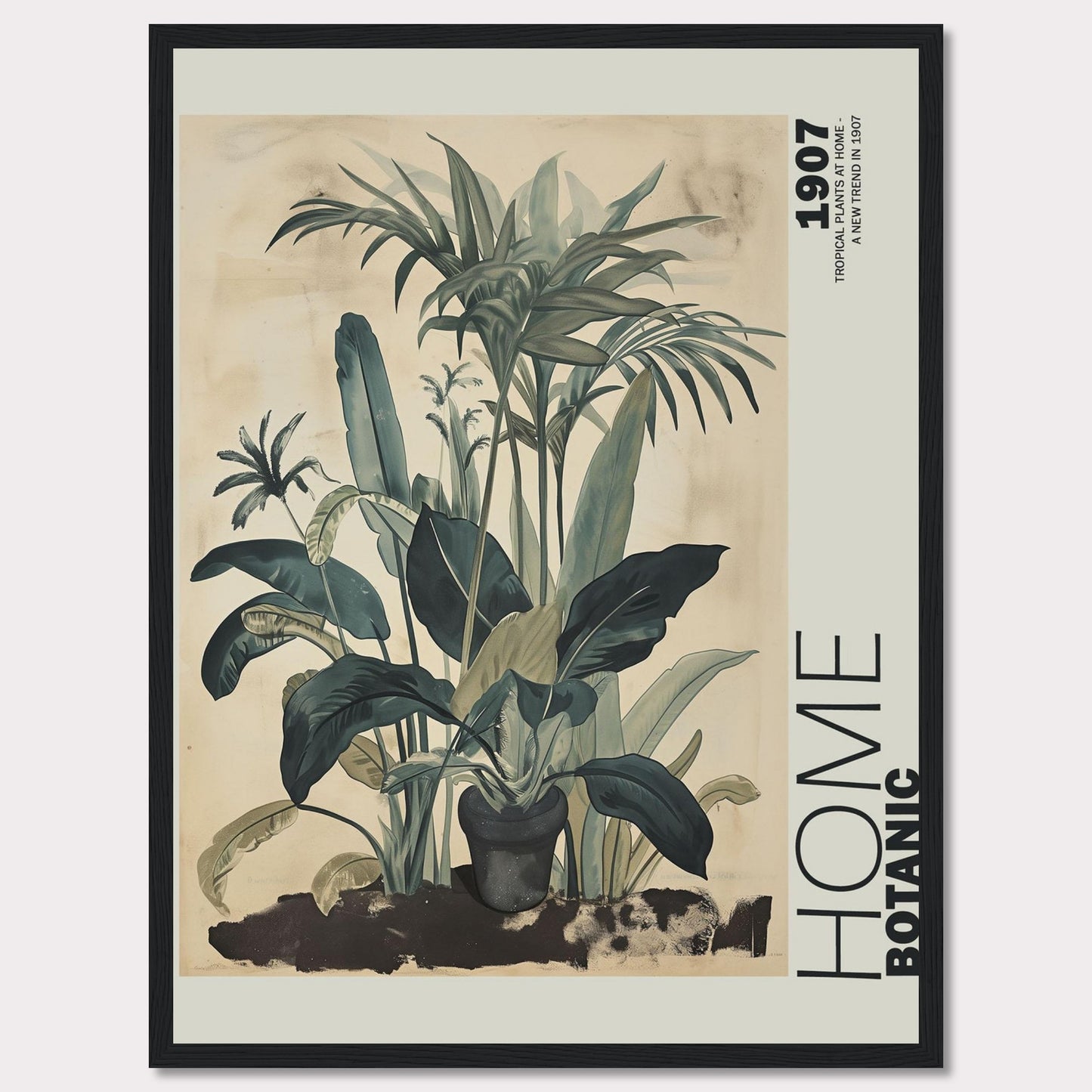 This image features a beautifully framed botanical art print showcasing lush tropical plants. The artwork has a vintage feel with muted green tones and intricate leaf details, giving it a timeless aesthetic. The text "HOME BOTANIC" and "1907" adds a touch of classic elegance to the piece.