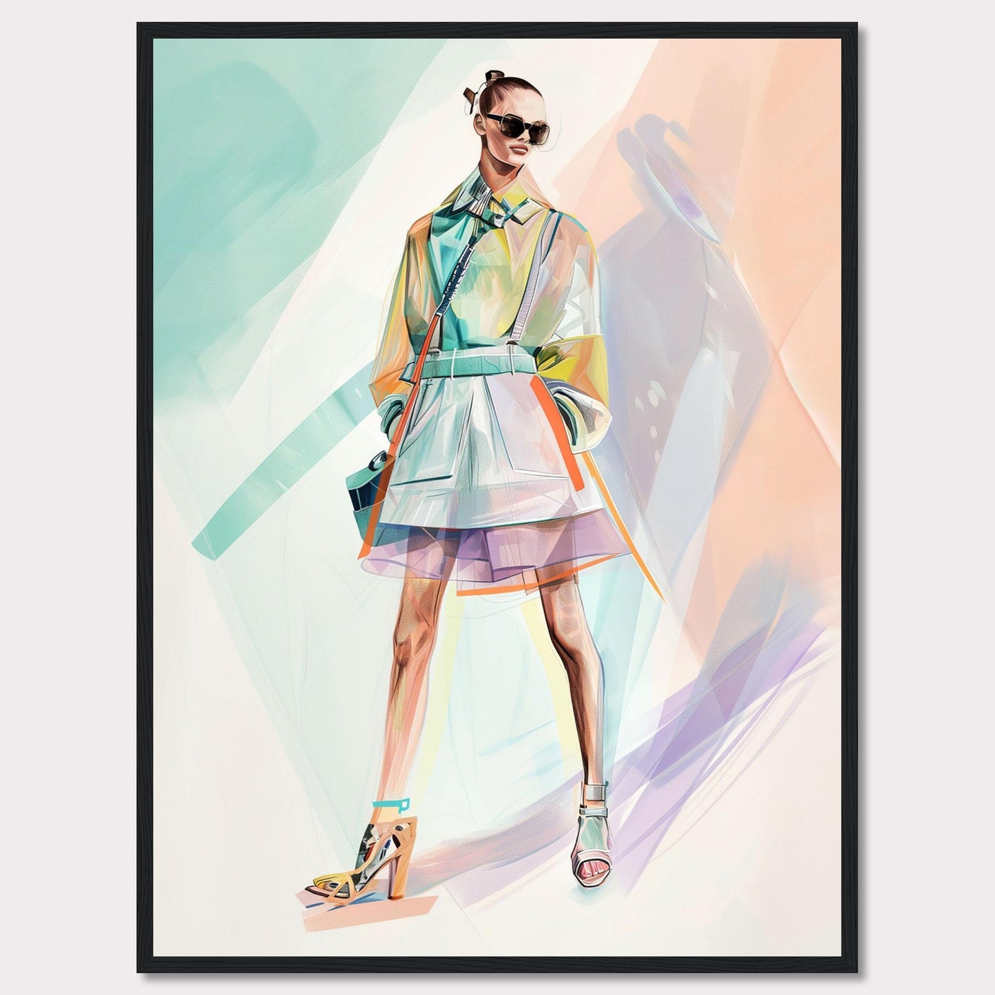 This stunning artwork features a stylish figure in a vibrant, modern outfit. The person is wearing a colorful, translucent coat over a layered skirt, with high-fashion heels and chic sunglasses. The background is an abstract blend of pastel colors, enhancing the fashionable vibe.