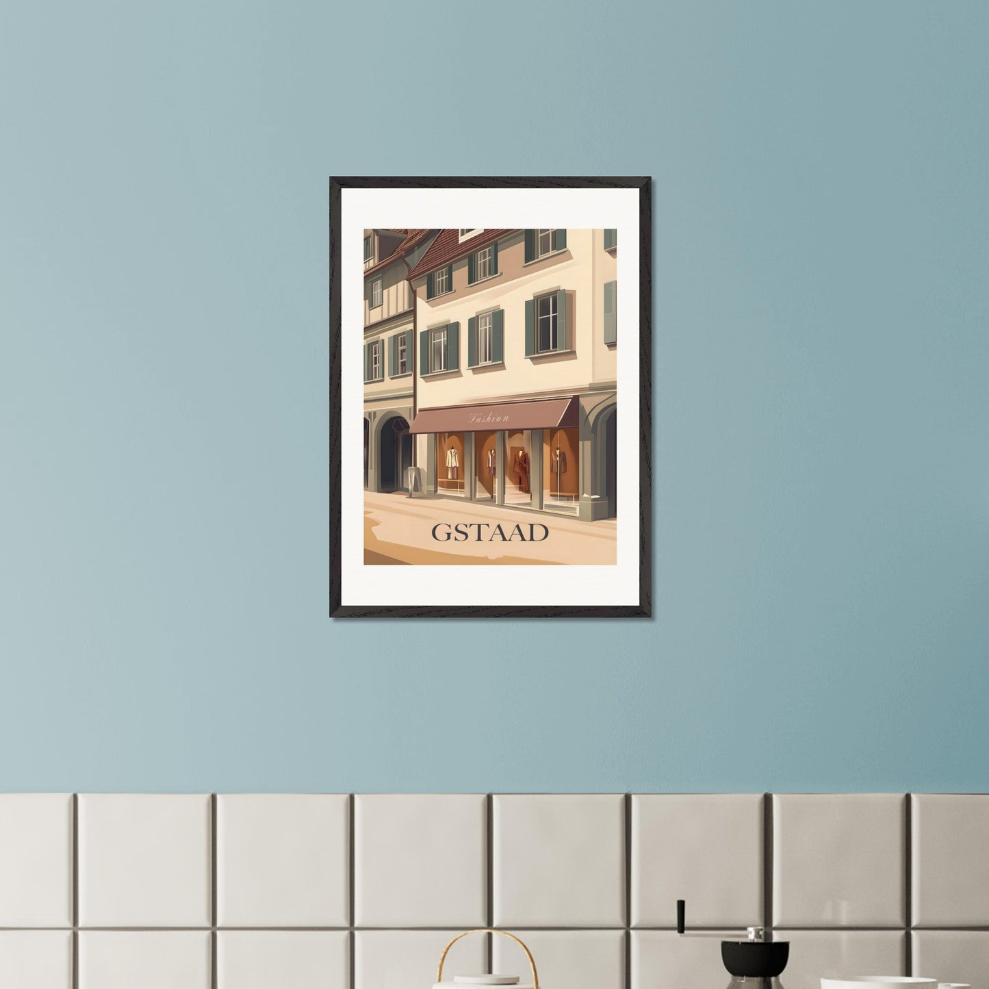 A stylish poster capturing the elegant shopping experience in Gstaad. The charming streets lined with high-end boutiques create an atmosphere of exclusivity and sophistication.