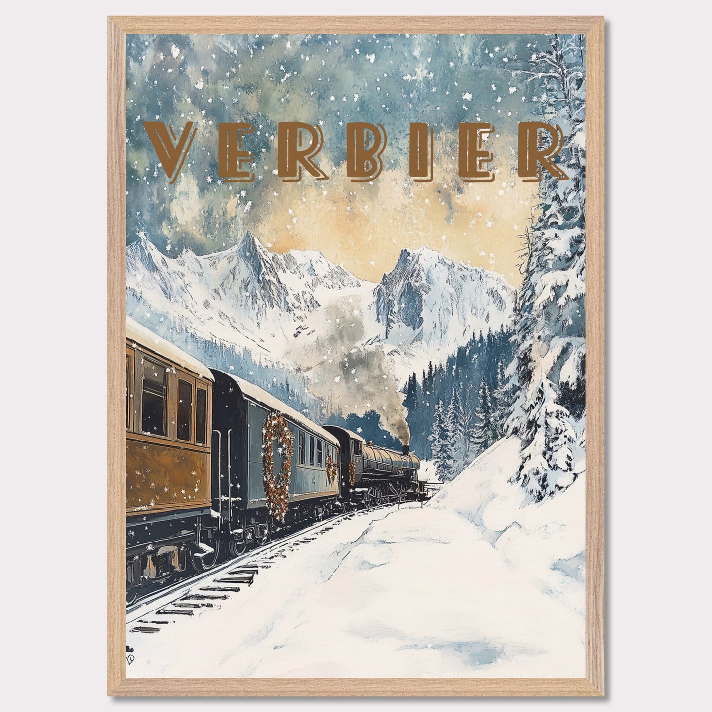 This enchanting winter poster showcases a vintage steam train winding through the snow-covered landscapes of Verbier. The train, adorned with festive wreaths, travels against a backdrop of majestic alpine peaks, tall evergreen trees, and a serene winter sky with softly falling snowflakes. The golden light filtering through the clouds adds a warm, nostalgic glow to the scene, evoking the magic of winter travel.