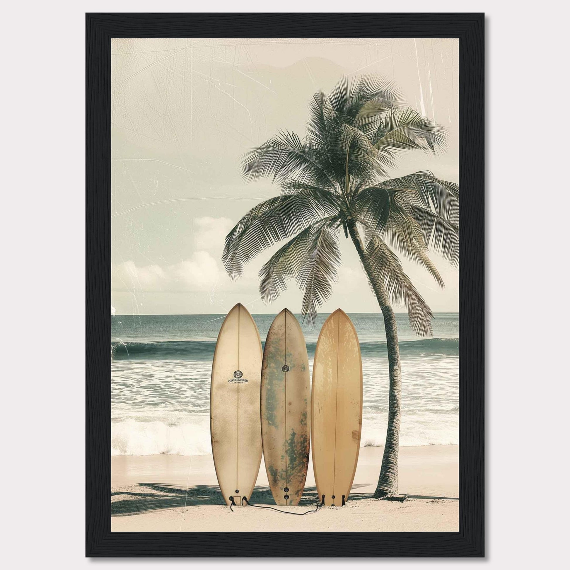 This captivating image features a serene beach scene with three surfboards leaning against a tall, swaying palm tree. The tranquil ocean waves and a clear sky in the background evoke a sense of calm and adventure.