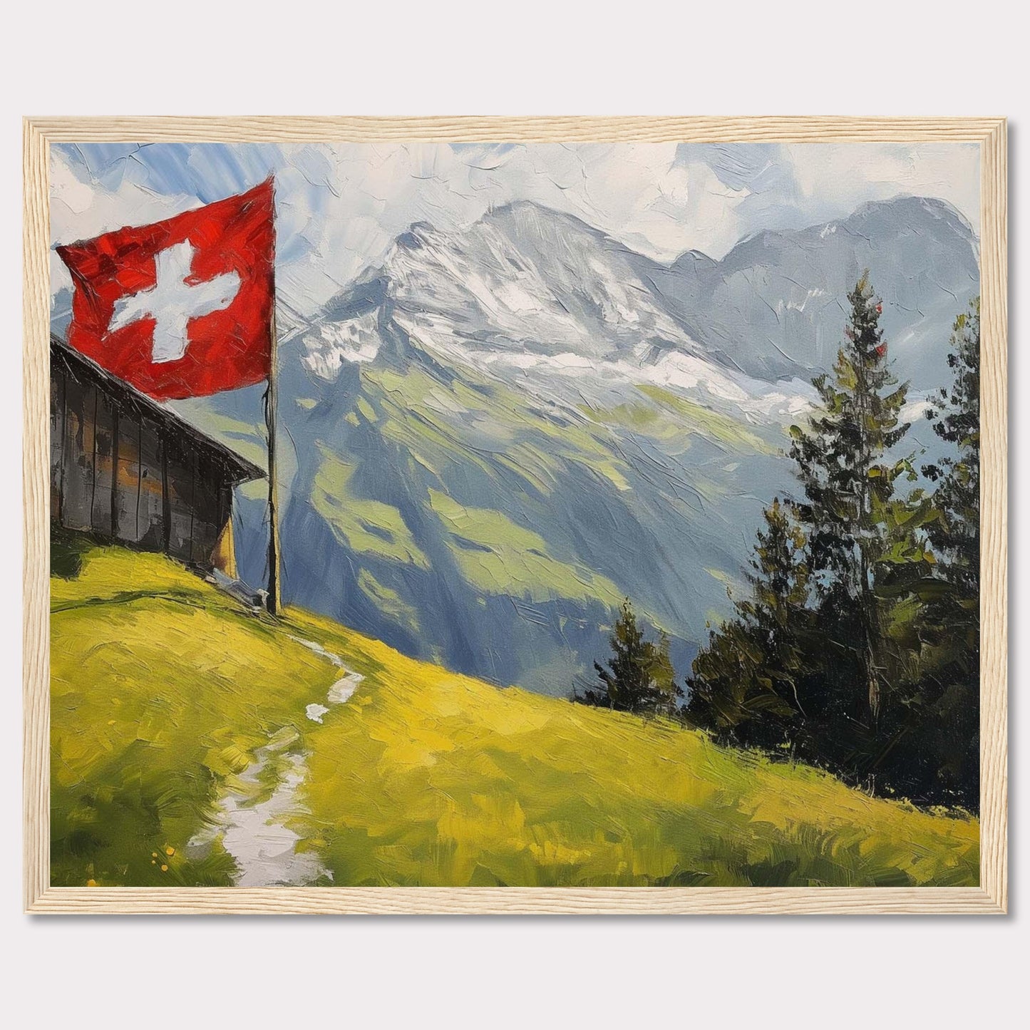 This stunning painting captures the serene beauty of a Swiss alpine landscape. A quaint wooden cabin is perched on a lush green hillside, with a vibrant Swiss flag fluttering proudly beside it. Majestic snow-capped mountains rise in the background, contrasting beautifully with the verdant foreground. Tall evergreen trees add depth and texture to the scene.