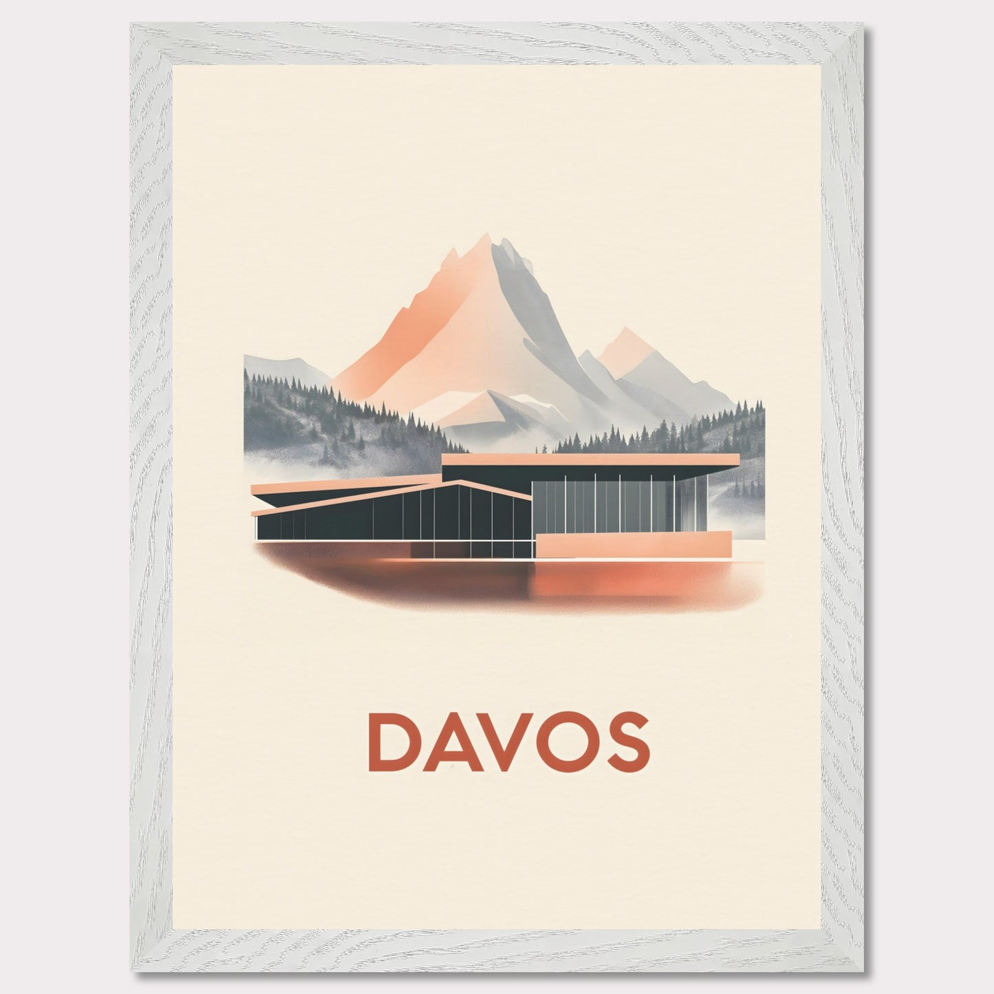 A refined travel poster showcasing Davos' modern architecture against breathtaking alpine peaks. The sleek lines of the building contrast harmoniously with the rugged mountains, embodying the balance between innovation and nature.