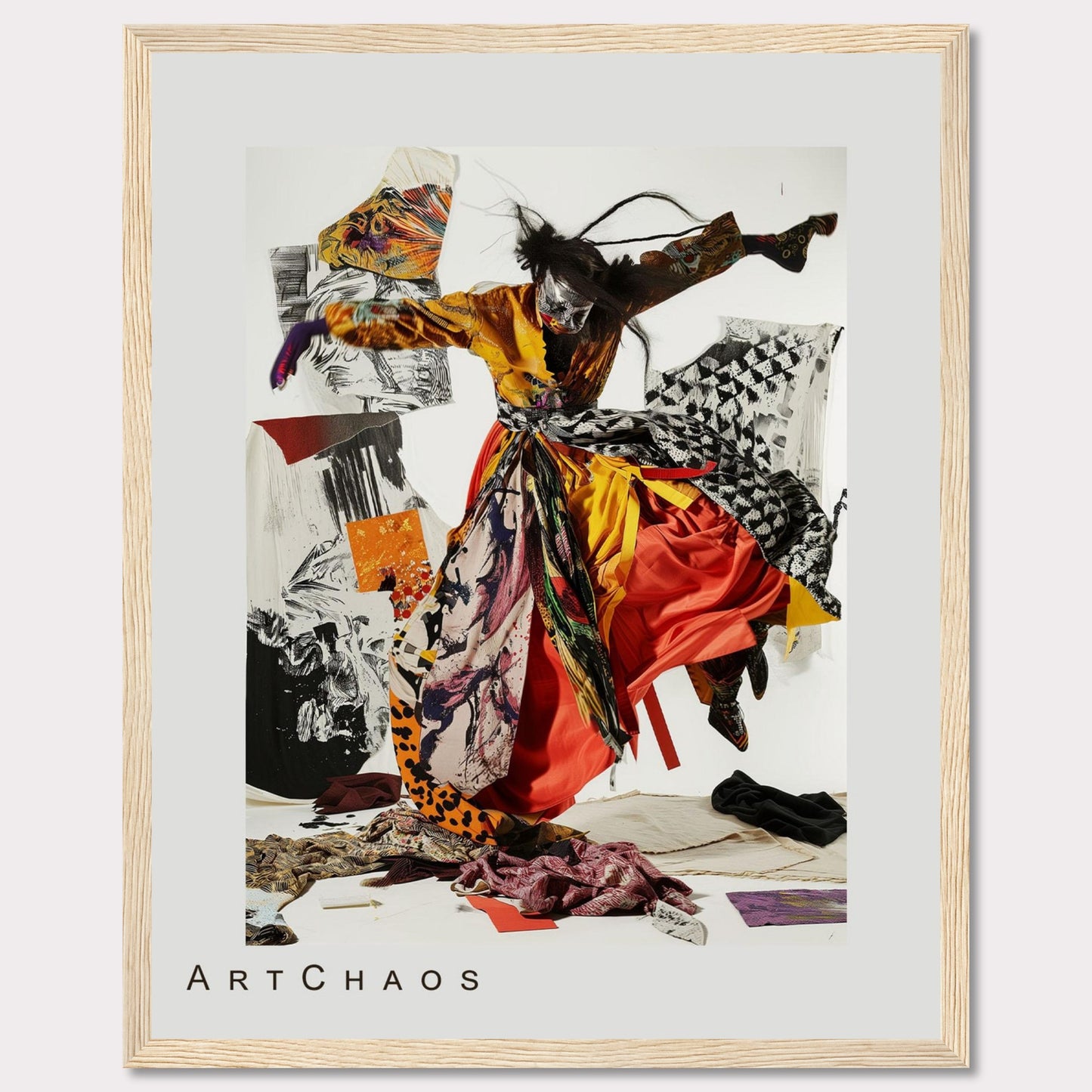 This captivating artwork features a dynamic figure in vibrant, flowing attire, seemingly caught in mid-motion. The background is a collage of abstract patterns and textures, adding depth and intrigue to the piece. The mix of bold colors and chaotic elements creates a sense of energy and movement.