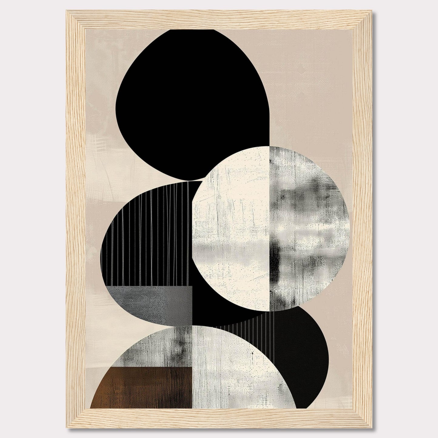 This image showcases a modern abstract art piece featuring geometric shapes in monochrome and neutral tones. The design includes overlapping circles and ovals with textured patterns.