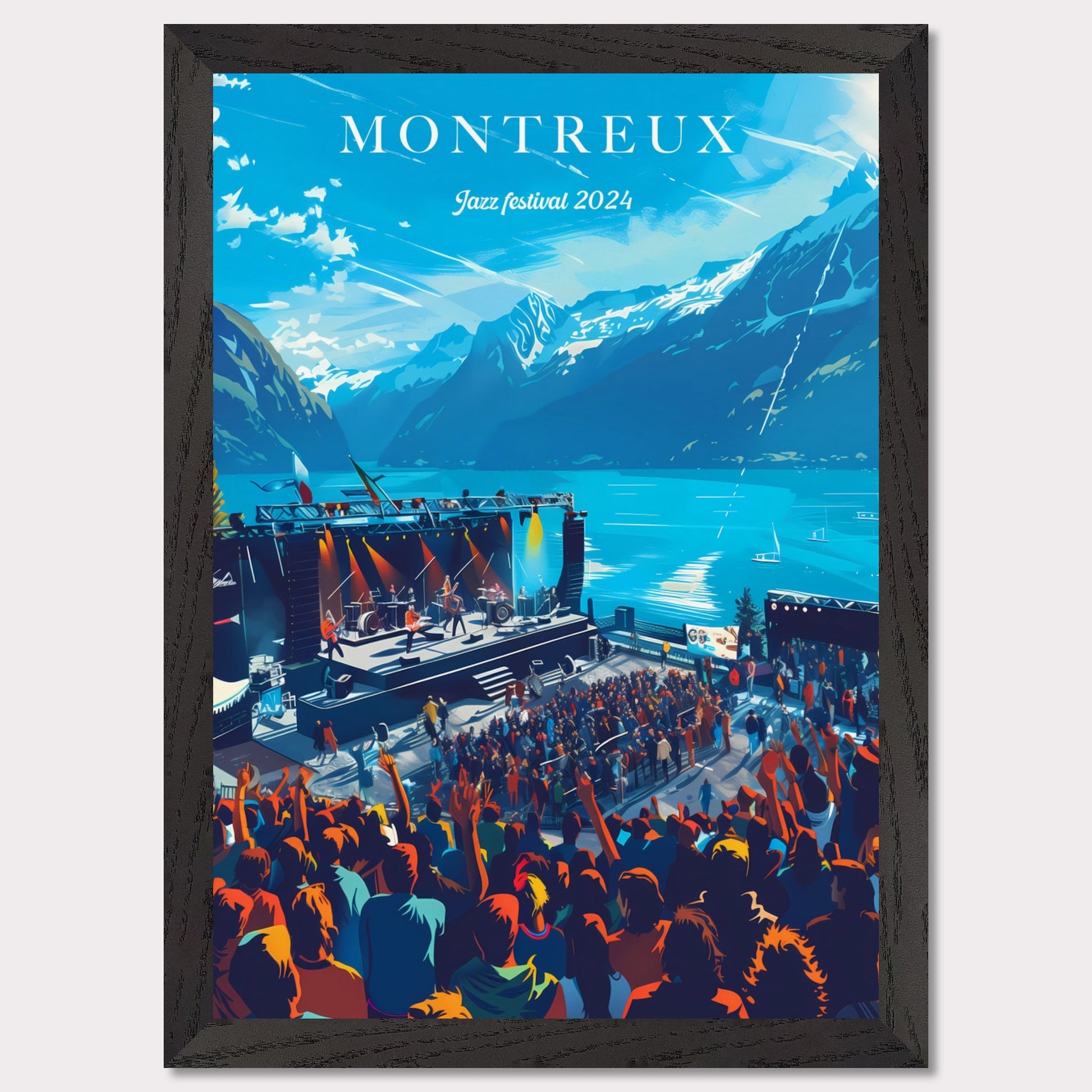 This vibrant poster showcases the Montreux Jazz Festival 2024, set against the stunning backdrop of Lake Geneva and the Swiss Alps. The image features a lively crowd enjoying a performance on an outdoor stage, with musicians playing under a clear blue sky.