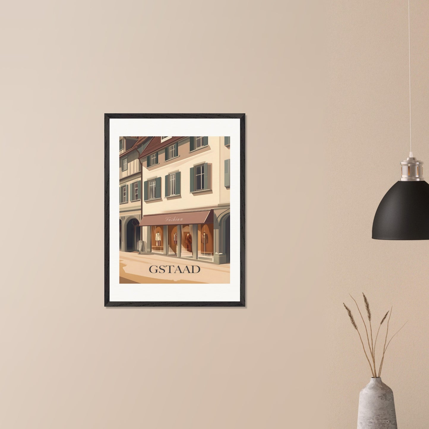 A stylish poster capturing the elegant shopping experience in Gstaad. The charming streets lined with high-end boutiques create an atmosphere of exclusivity and sophistication.