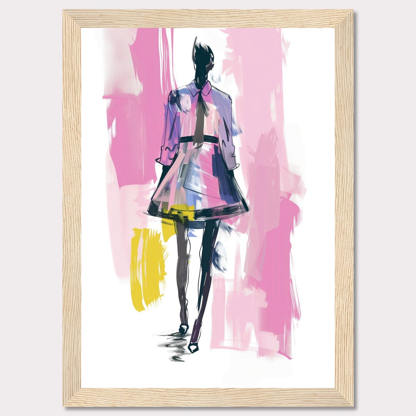 This image showcases a fashion illustration featuring a stylish figure in a vibrant dress. The artwork is characterized by bold brush strokes and a mix of colors, including pink, purple, yellow, and black. The figure exudes confidence, walking forward with purpose.