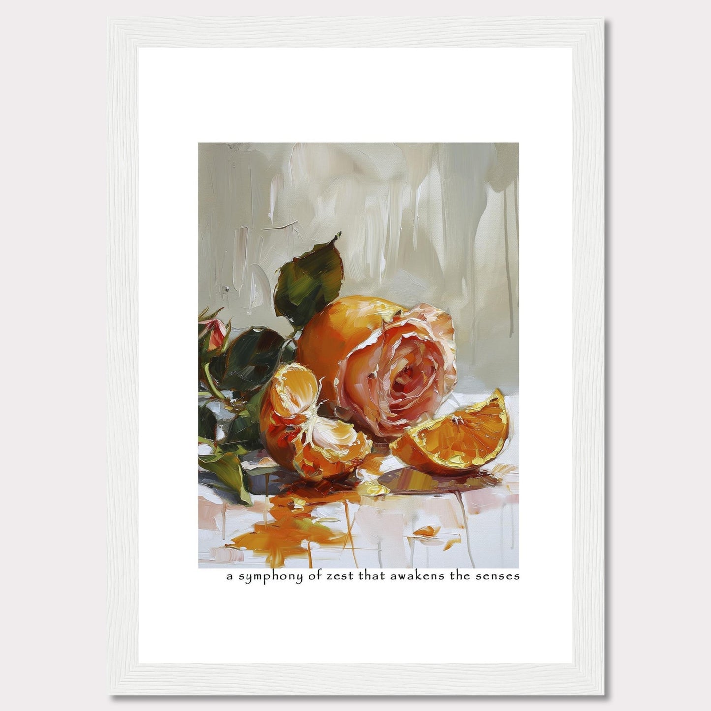 This captivating painting features a delicate rose intertwined with vibrant orange segments, creating a stunning contrast of colors and textures. The brushstrokes evoke a sense of freshness and vitality, making it a perfect piece to invigorate any space.