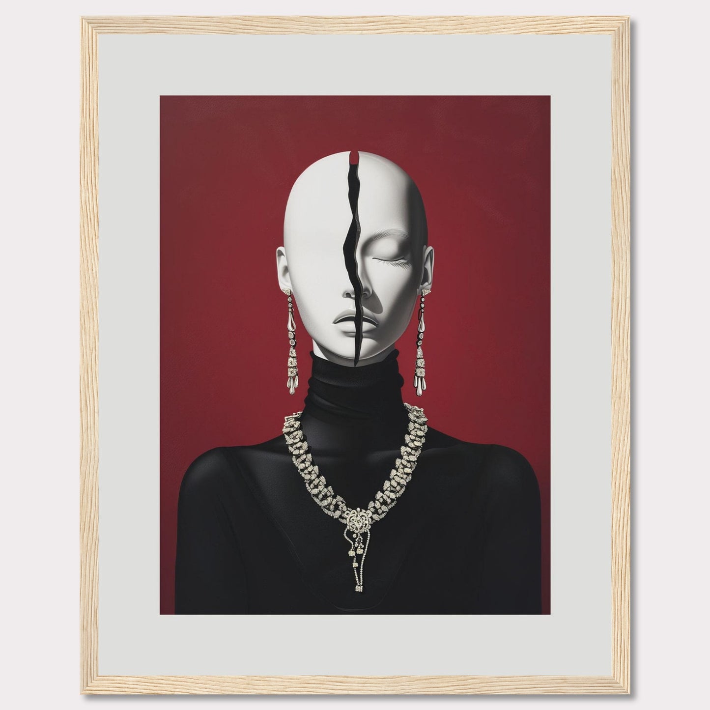 This striking artwork features a mannequin-like figure with a dramatic crack running down the center of its face, set against a bold red background. The figure is adorned with elaborate jewelry, including dangling earrings and an ornate necklace. The contrast between the smooth, expressionless face and the deep crack creates a powerful visual impact.