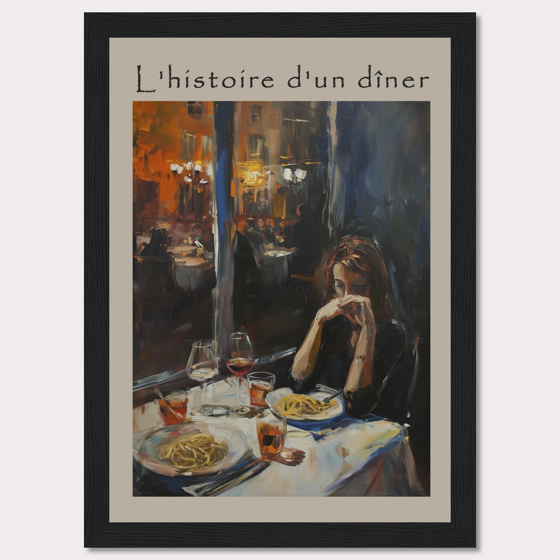 This painting, titled "L'histoire d'un dîner," depicts a solitary woman deep in thought at a dinner table. The scene is set in a warmly lit restaurant, with other diners visible in the background. The table is elegantly set with plates of pasta and glasses of wine, creating an intimate and reflective atmosphere.