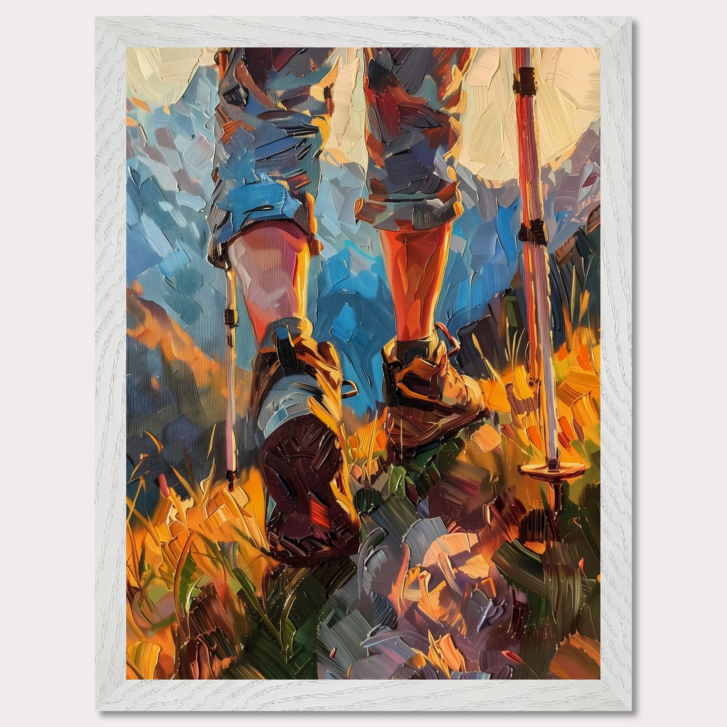 This illustration depicts a hiker's legs and feet as they traverse a vibrant, mountainous landscape. The scene is painted with bold, expressive brushstrokes, emphasizing the dynamic movement and rugged terrain.