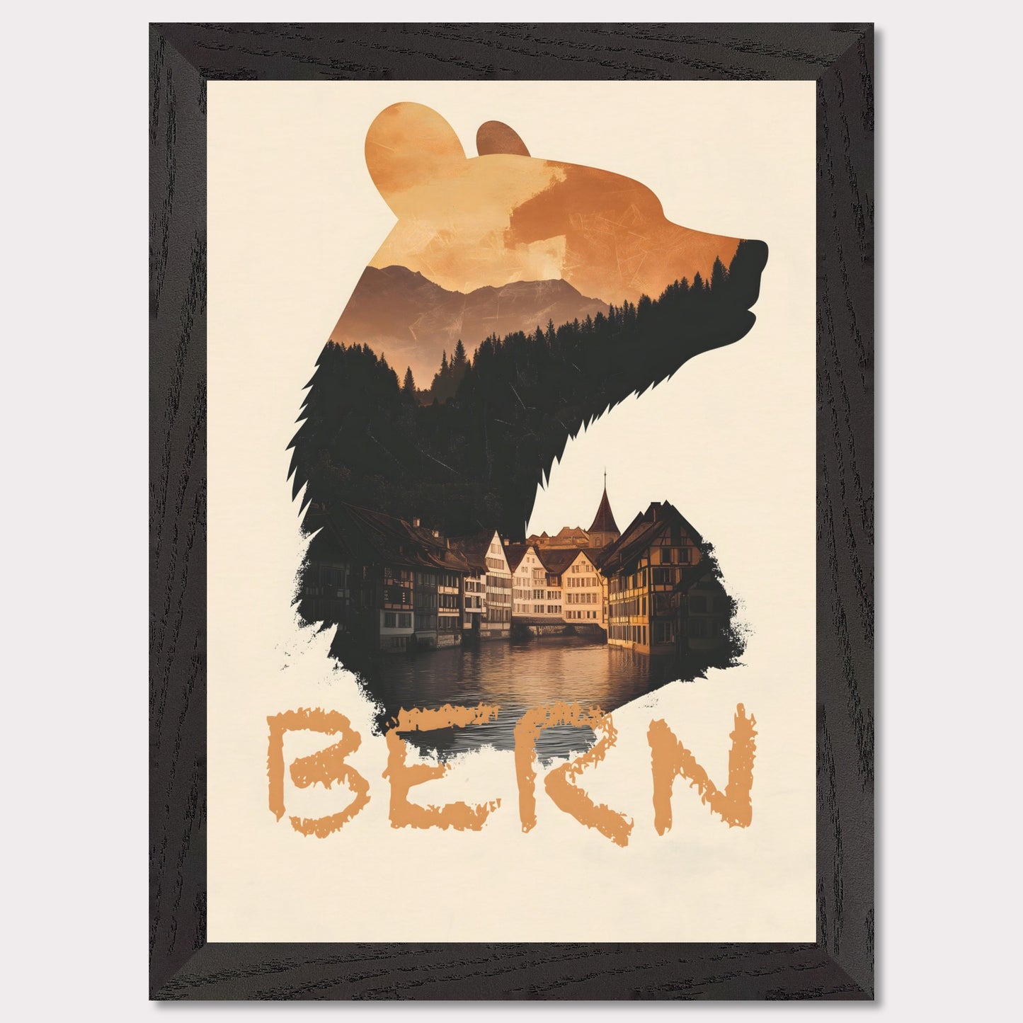 A captivating travel poster that merges Bern’s iconic bear symbol with the city’s historic charm. The silhouette of the bear contains a stunning landscape of alpine forests and traditional Swiss architecture, reflecting the city's rich heritage.