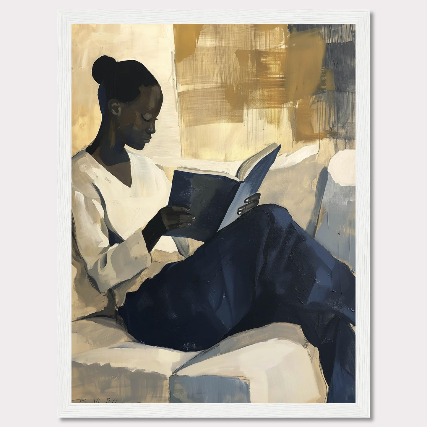 This painting captures a serene moment of a woman deeply engrossed in a book. The artwork uses a muted color palette with shades of beige, blue, and gold, creating a calm and contemplative atmosphere.