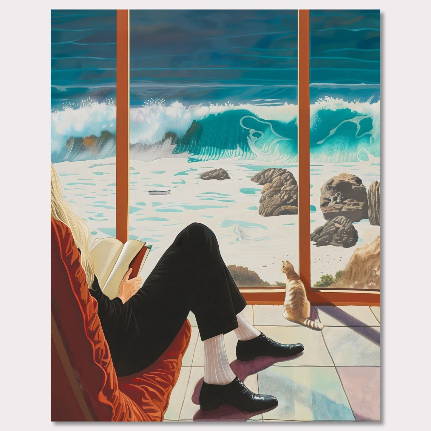 This captivating artwork depicts a serene scene where a person is sitting comfortably by a large window, reading a book. Outside, the ocean waves crash against the rocky shore, creating a mesmerizing view. A cat sits by the window, also gazing at the beautiful seascape.