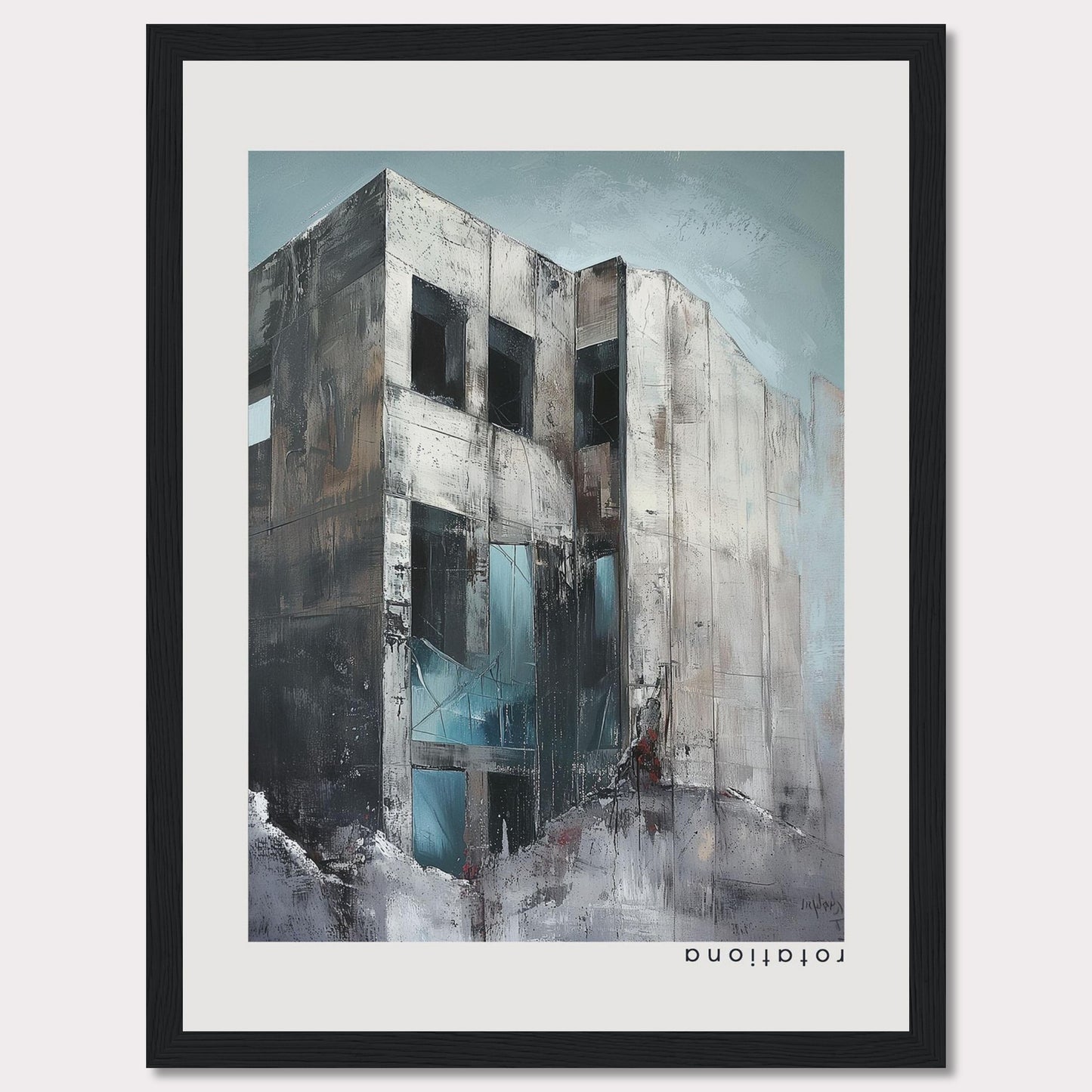 This striking artwork captures a modern, abstract building with a raw and industrial aesthetic. The painting features a weathered facade with large, dark windows, and a mix of cool and neutral tones that evoke a sense of mystery and intrigue.