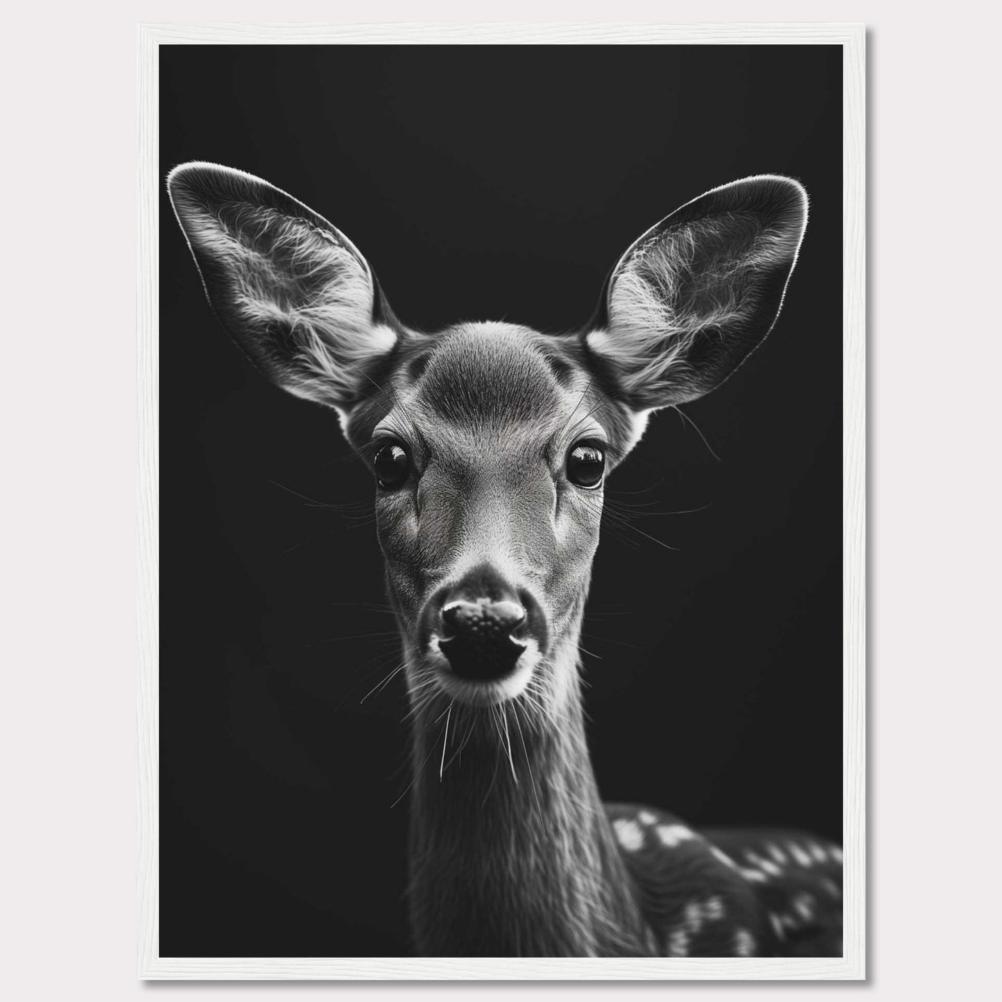 This captivating black and white photograph features a close-up of a young deer, highlighting its delicate features and expressive eyes. The dark background accentuates the deer's soft fur and intricate details, creating a striking contrast that draws the viewer in.