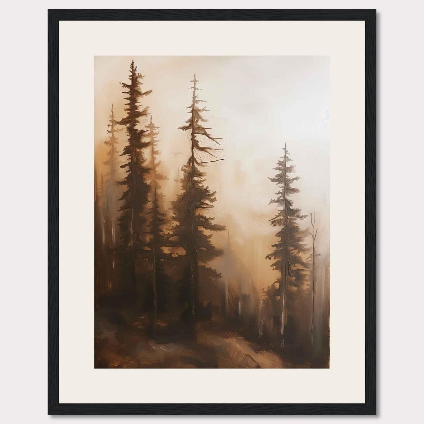 This captivating artwork features a serene forest scene enveloped in mist, evoking a sense of tranquility and mystery. The tall, slender trees stand majestically, their branches reaching out into the foggy atmosphere. The soft, warm hues create a calming ambiance, making it a perfect addition to any living space.