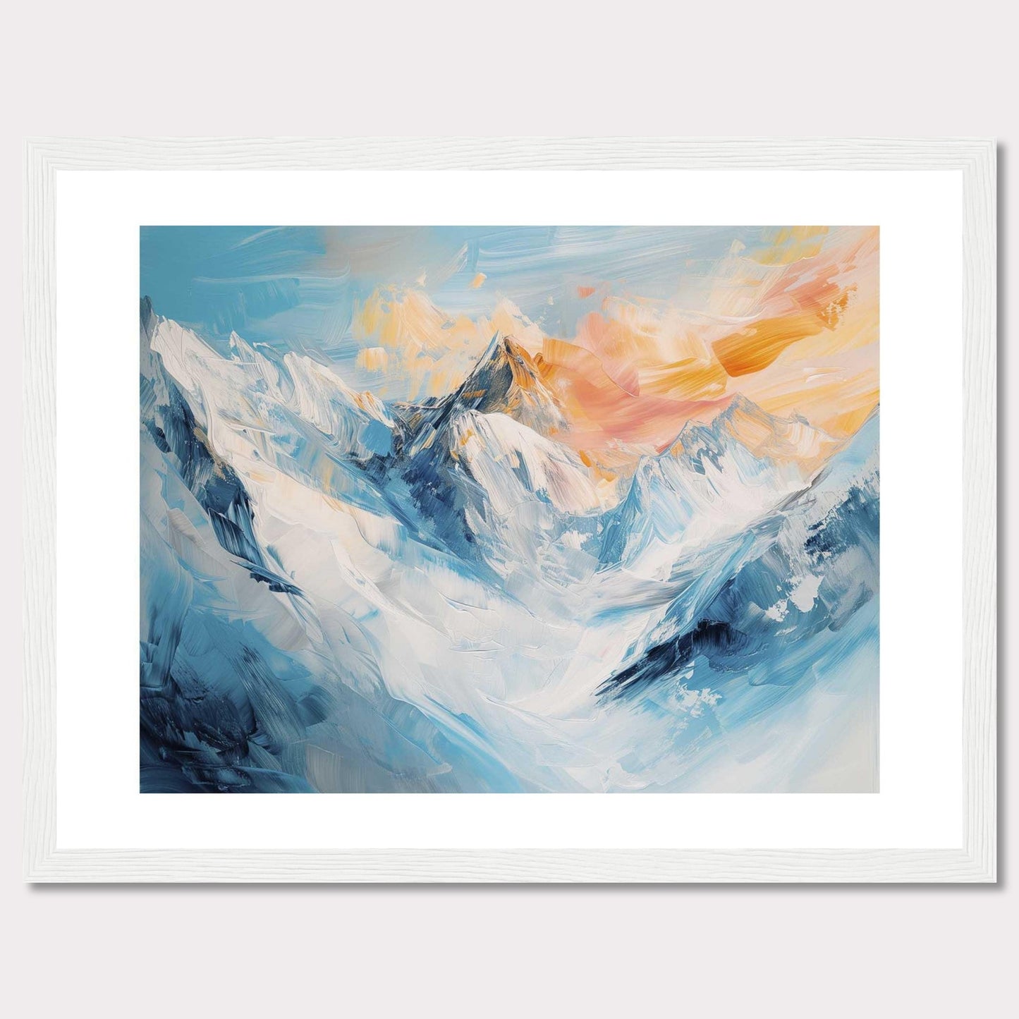 This image showcases a stunning painting of a mountain landscape, capturing the serene beauty of snow-covered peaks bathed in the warm hues of a setting sun.