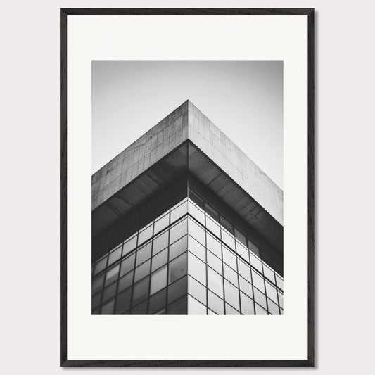 This striking black and white photograph captures the sharp, geometric lines of a modern architectural structure. The image focuses on the corner of a building, emphasizing its sleek glass windows and concrete elements.