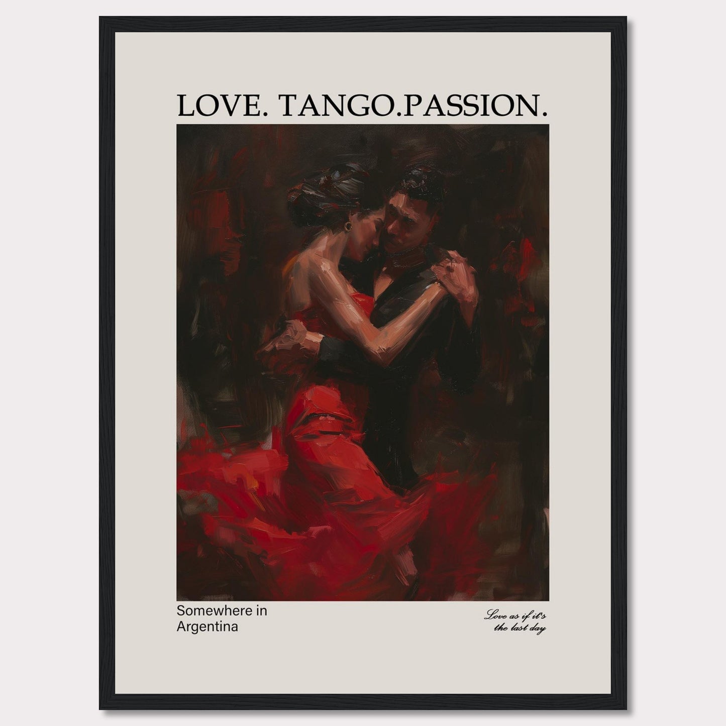 This captivating poster showcases a passionate tango dance between a couple, enveloped in deep red and black hues.