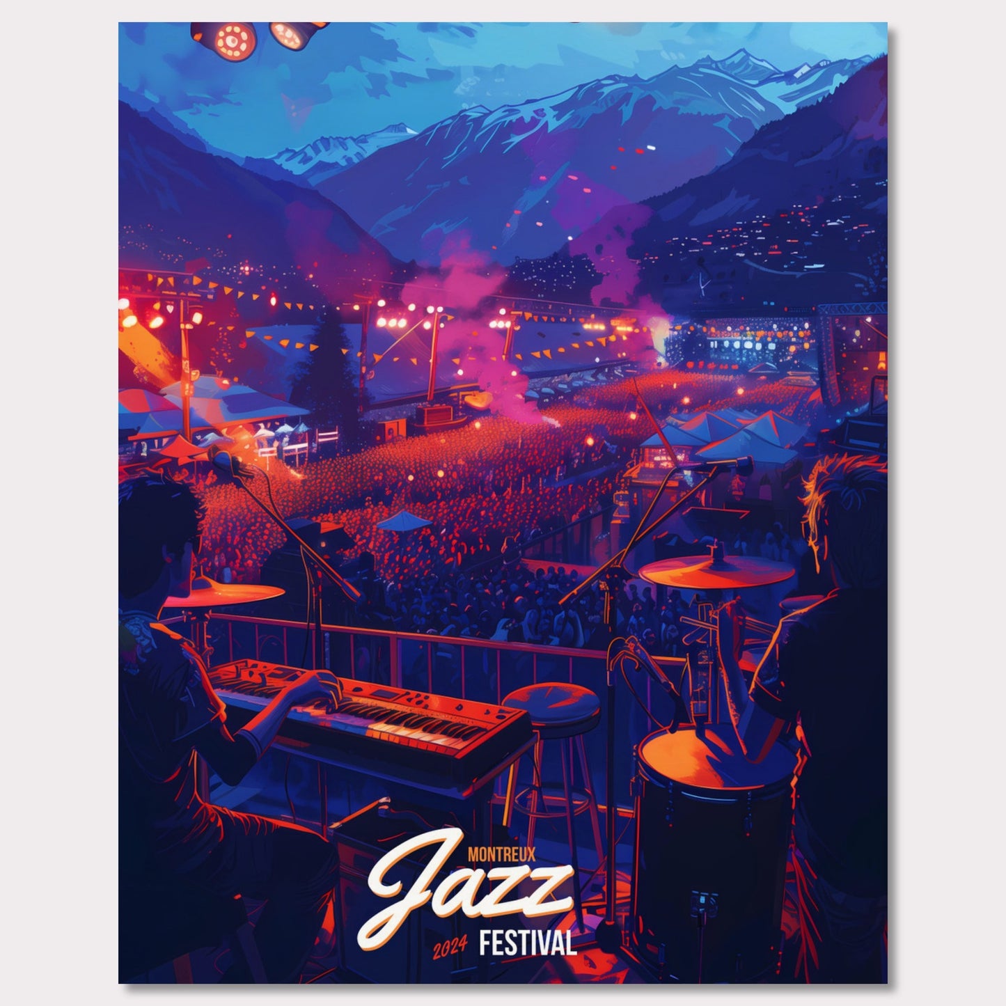 Experience the magic of the Montreux Jazz Festival 2024! This vibrant poster captures the essence of a live performance with a stunning mountain backdrop, colorful stage lights, and an enthusiastic crowd. Feel the rhythm, join the celebration, and be part of this unforgettable musical journey!