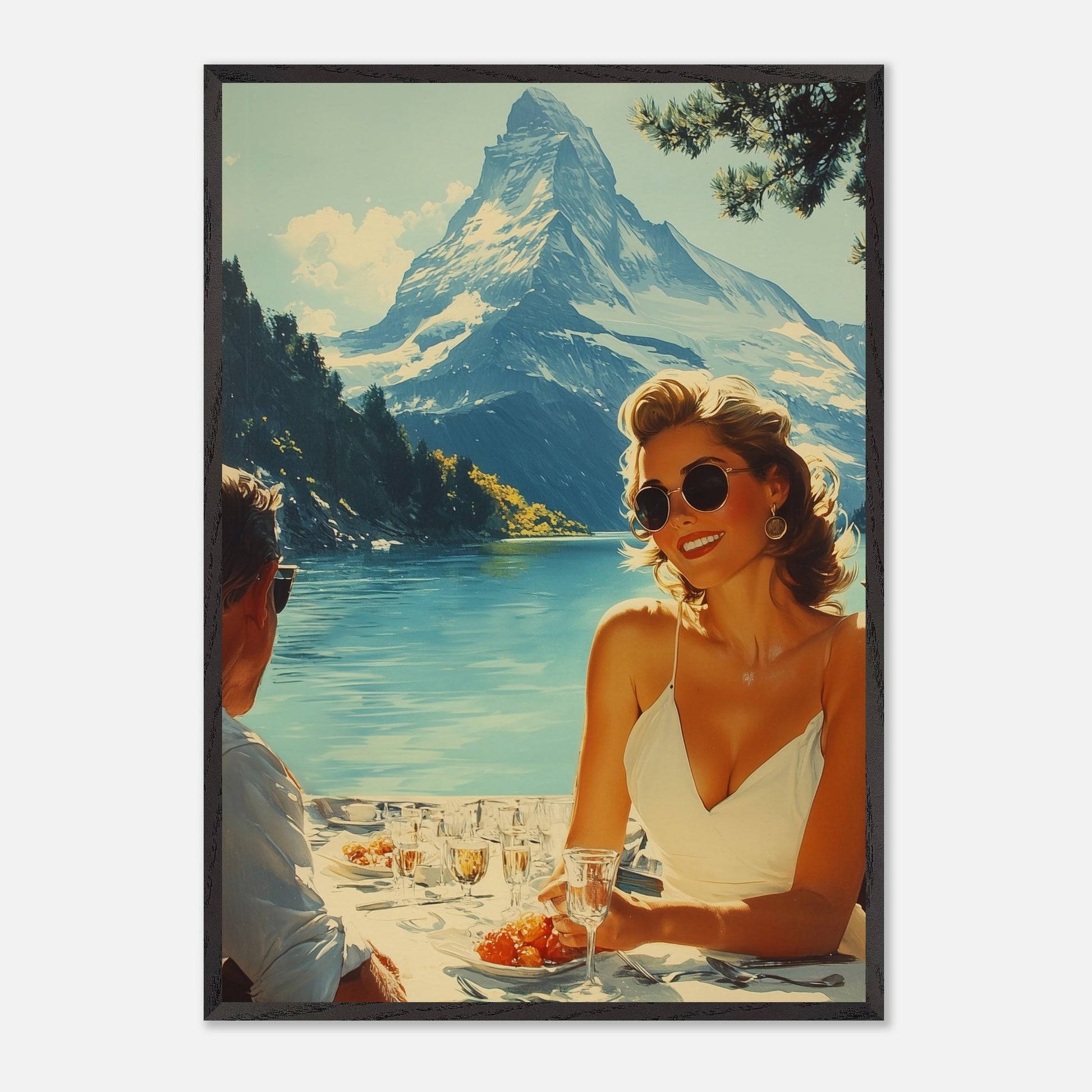 This illustration depicts a scenic outdoor dining setting by a lake with snowy mountains in the background. A woman in sunglasses and a white dress is smiling while holding a glass, and a man is sitting across from her.