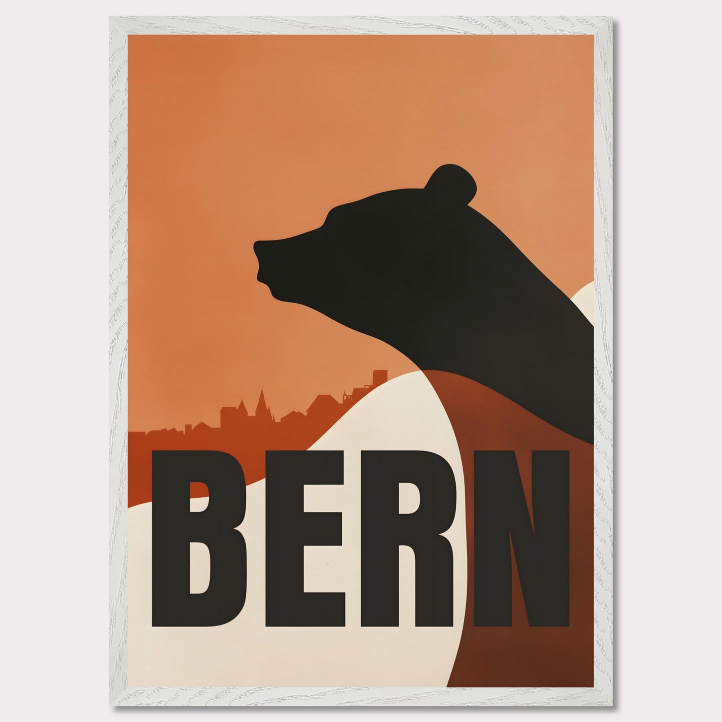 This minimalist poster features the silhouette of a bear — the symbol of Bern — against an orange sky and the city's architectural skyline. Simple yet profound, the design captures the atmosphere of Switzerland's capital and its rich cultural heritage.