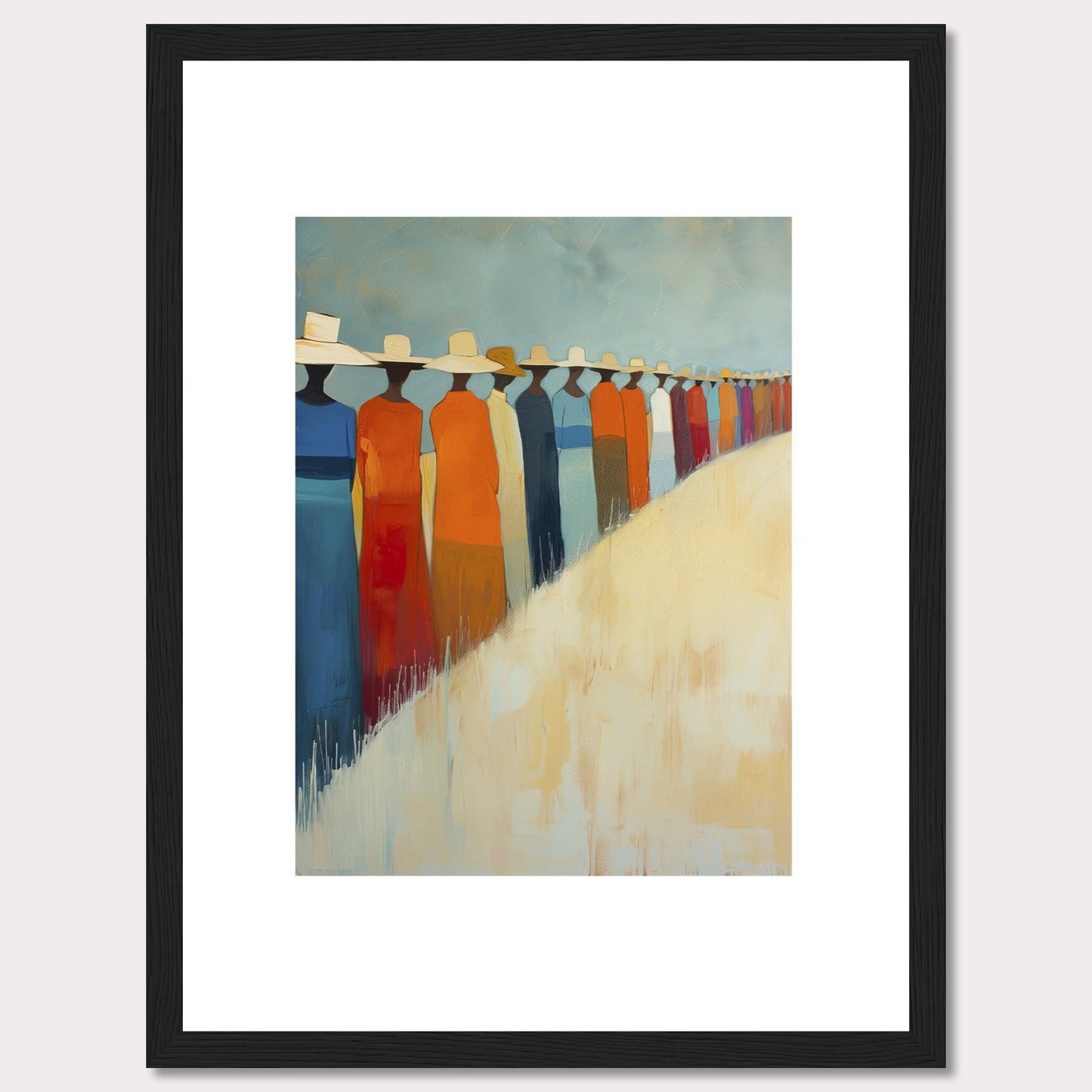 This artwork features a line of abstract figures wearing wide-brimmed hats, standing against a serene backdrop. The figures are dressed in vibrant colors, predominantly orange, blue, and white. The painting exudes a sense of unity and calmness.