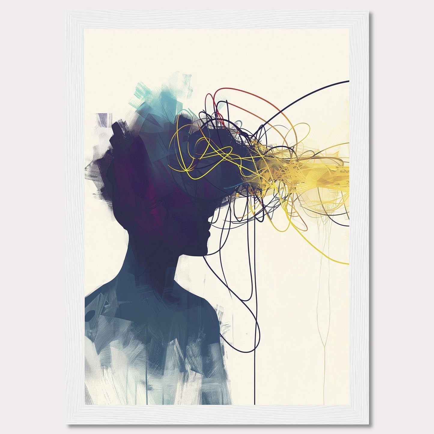 This captivating artwork features the silhouette of a person with an explosion of colorful, tangled lines emanating from their head, representing thoughts and creativity. The abstract design is set against a minimalist background, contrasting the vibrant colors with the dark silhouette.