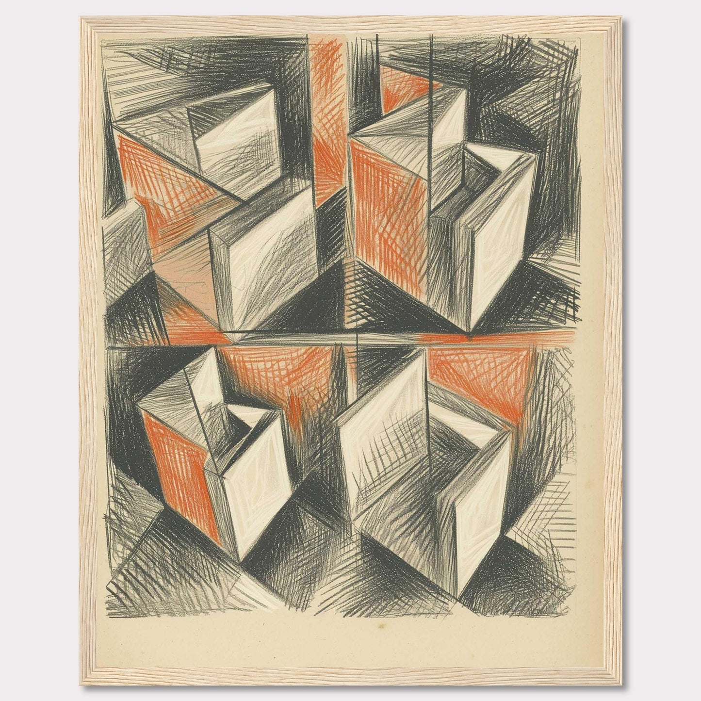 This artwork features an abstract geometric composition with intersecting shapes and lines. The use of black and orange tones creates a dynamic and intriguing visual effect.