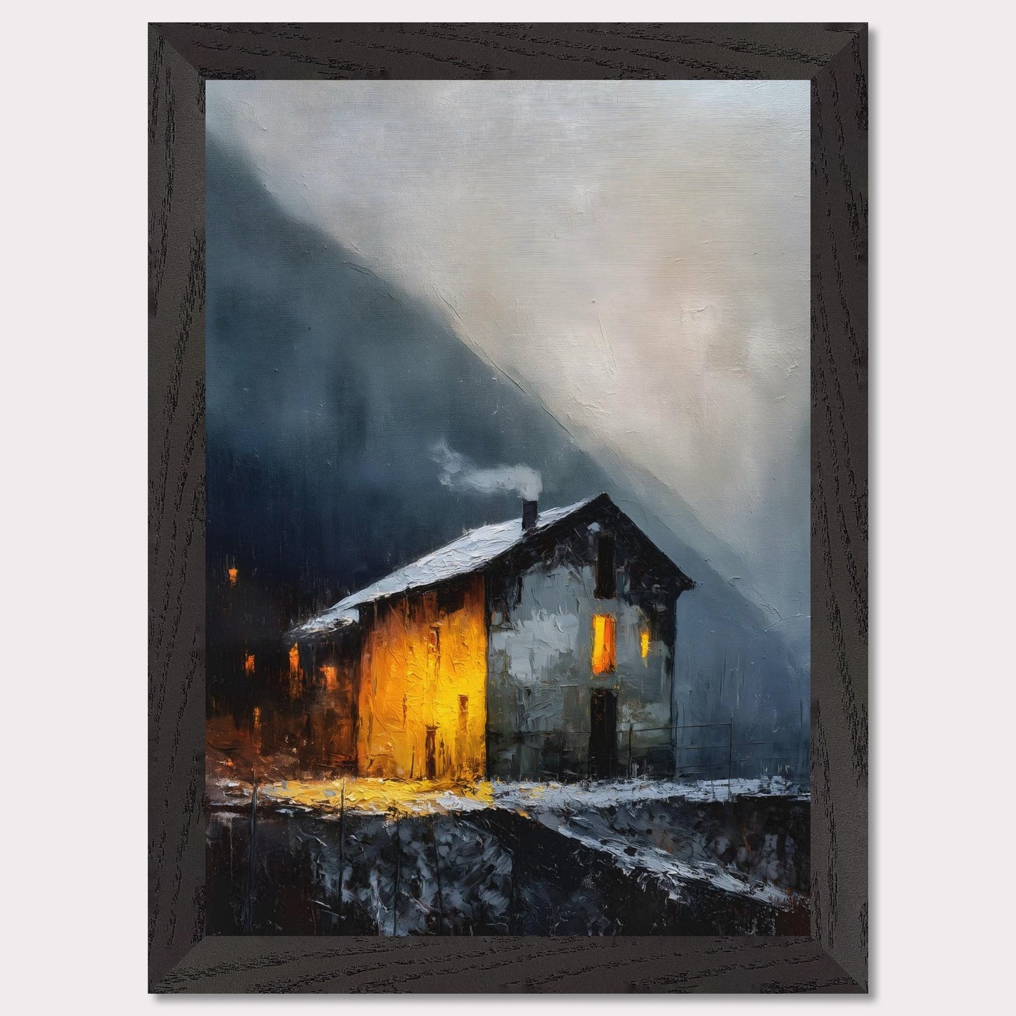 A lone alpine house burns golden against a dark and stormy backdrop. Snow lies quietly on the ground, while inside, a hearth glows with defiance and warmth. It’s a scene of refuge, strength, and a reminder that warmth is made, not found.