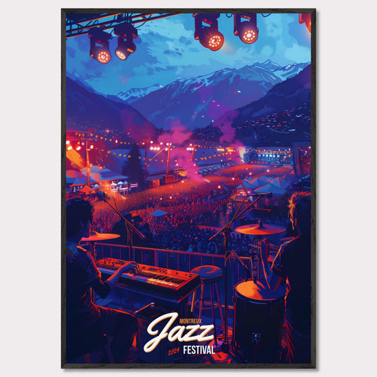 Experience the magic of the Montreux Jazz Festival 2024! This vibrant poster captures the essence of a live performance with a stunning mountain backdrop, colorful stage lights, and an enthusiastic crowd. Feel the rhythm, join the celebration, and be part of this unforgettable musical journey!