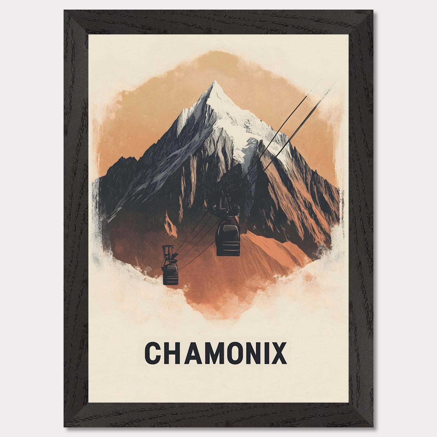 This minimalist poster artfully presents Chamonix, France, a legendary alpine destination known for its dramatic peaks and thrilling ski slopes. The sharp, stylized mountain silhouette contrasts beautifully with the soft sky, creating a bold yet harmonious composition. The subtle shading adds depth, bringing the grandeur of Mont Blanc to life.