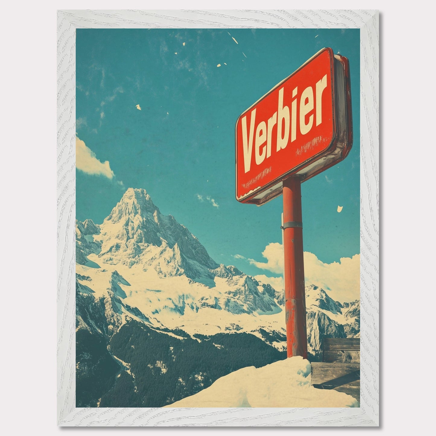 This striking retro-style poster showcases the iconic "Verbier" sign against the backdrop of towering snow-covered peaks and a bright blue sky. The rustic sign, partially worn by time, perfectly complements the expansive, untouched wilderness of the Swiss Alps. The vintage color palette and texture evoke a sense of nostalgia, capturing the allure of Verbier as a timeless destination for adventure and escape into nature’s beauty.