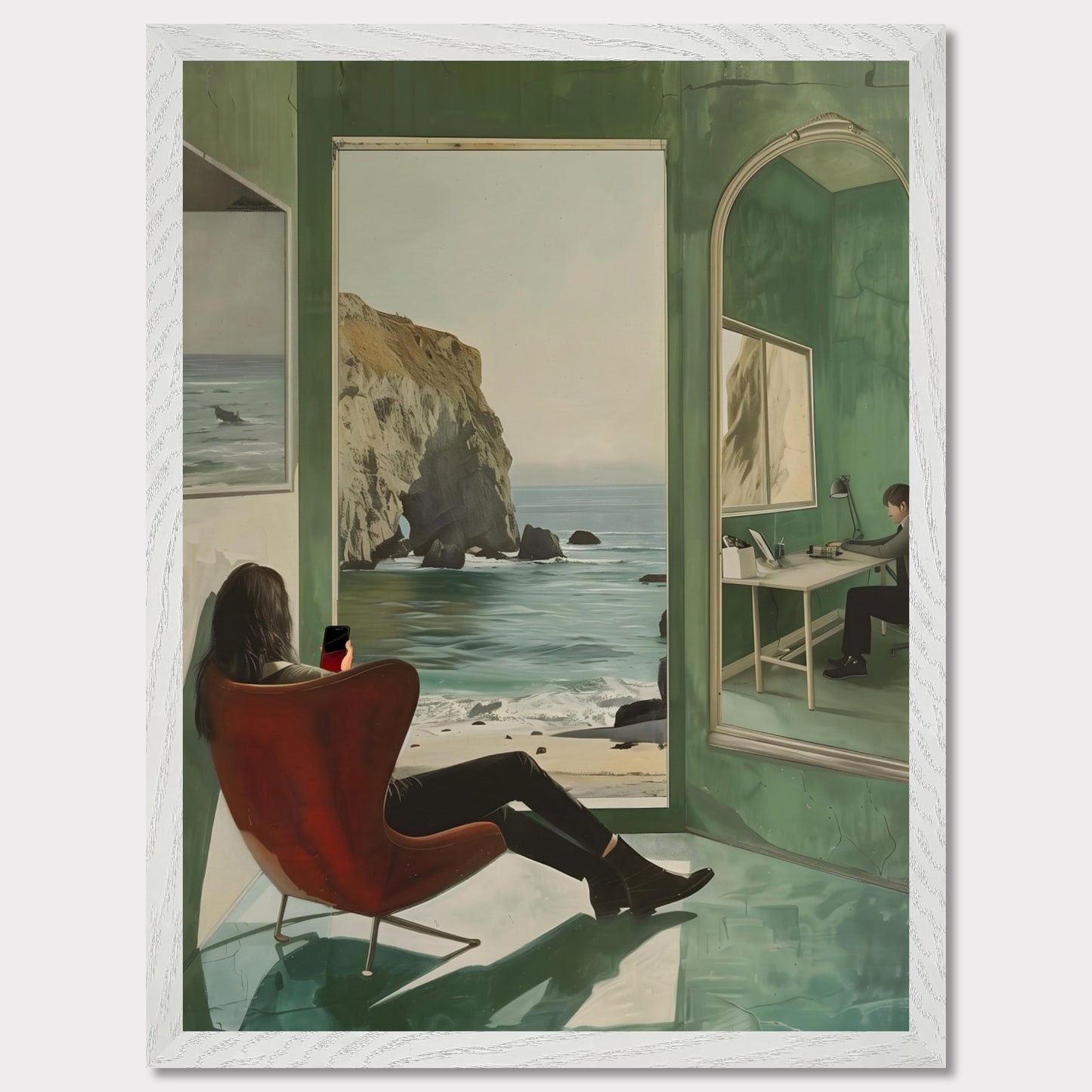 This captivating artwork depicts a serene coastal scene viewed from inside a room. A person is seated in a red chair, gazing out at the ocean through an open window. The reflection of another person working at a desk is visible in a large mirror on the right side. The room's green walls and floor create a calming ambiance, enhancing the peacefulness of the ocean view.