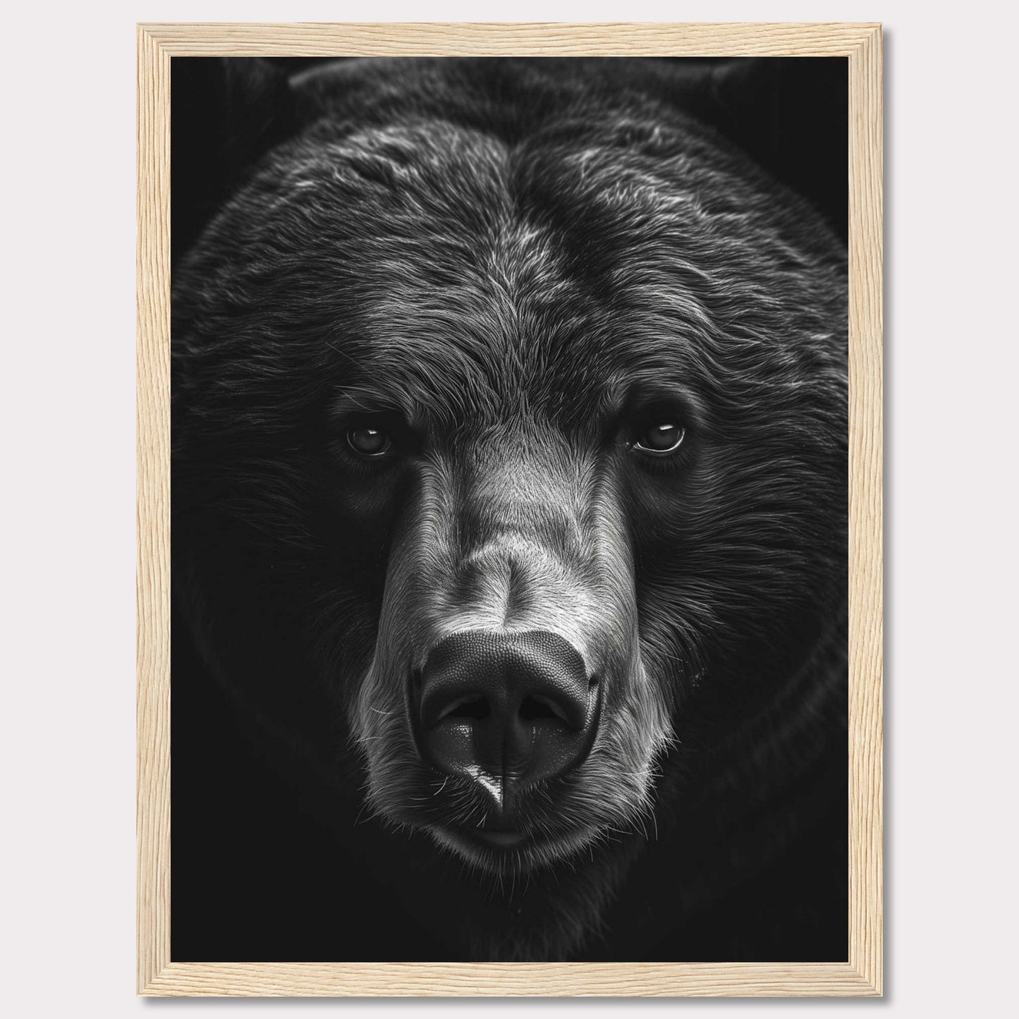 This striking black and white photograph captures the intense gaze of a bear, emphasizing its powerful presence and majestic features. The close-up shot highlights the intricate details of the bear's fur and facial structure, creating a captivating and dramatic effect.