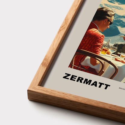 Experience the charm of Zermatt with this vintage poster featuring a group of friends enjoying breakfast against the stunning backdrop of the Matterhorn. This nostalgic scene from 1975, Switzerland, captures the essence of leisurely mornings and breathtaking mountain views.