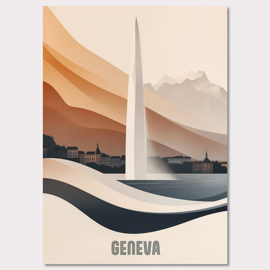 A modern and elegant poster of Geneva’s famous Jet d’Eau fountain, seamlessly blending into the landscape. Smooth curves and warm hues create a sense of fluidity and movement.