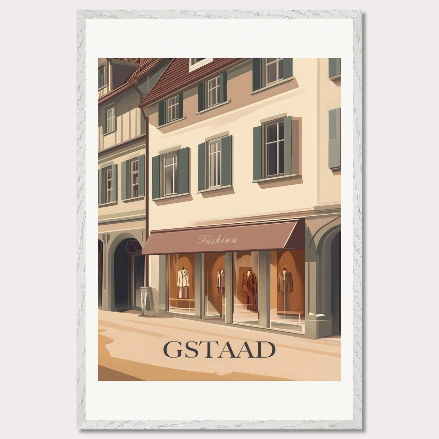 A stylish poster capturing the elegant shopping experience in Gstaad. The charming streets lined with high-end boutiques create an atmosphere of exclusivity and sophistication.